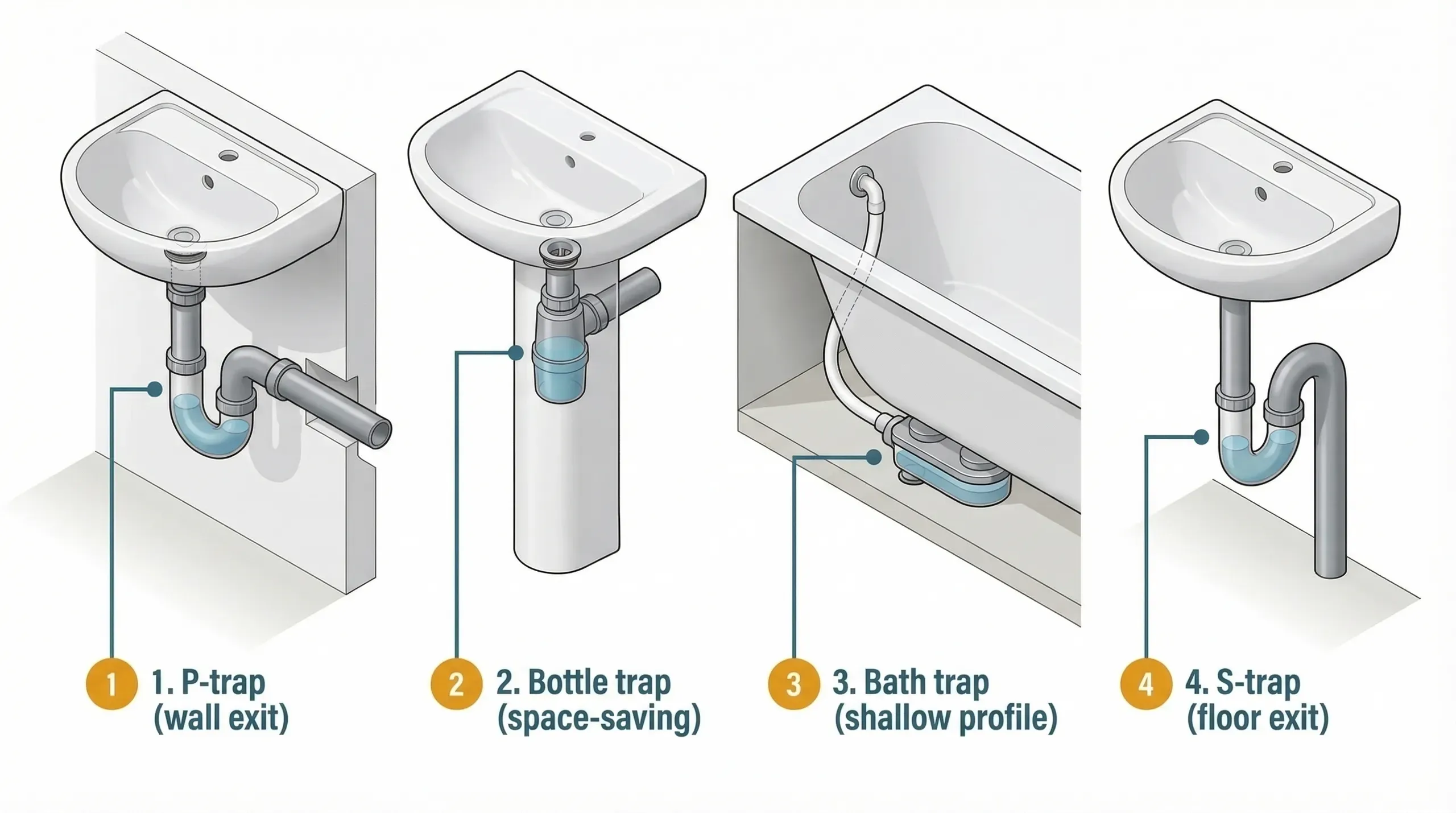 Cutaway technical diagram showing a P-trap installed under a kitchen sink, with the water seal visible in the U-bend and labelled components including the inlet, outlet, and cleaning eye