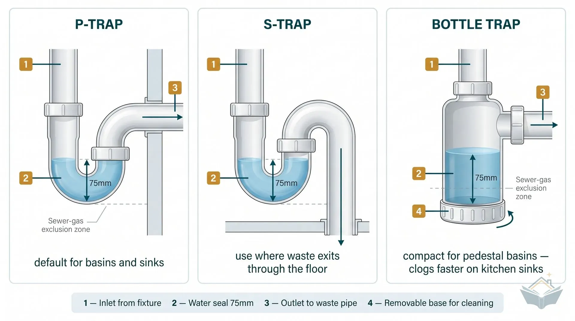Cutaway cross-section diagram comparing three UK waste trap types side by side: a P-trap with a horizontal outlet through the wall, an S-trap with a downward outlet through the floor, and a bottle trap with a cylindrical chamber and removable base for cleaning. Each panel shows the 75mm water seal in translucent blue and the sewer-gas exclusion zone below it.