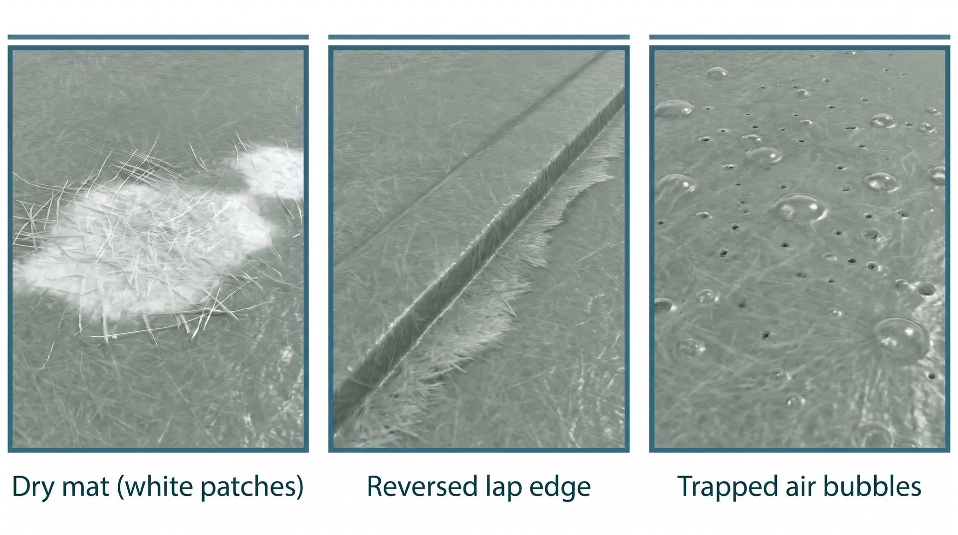 Three side-by-side close-up panels of cured GRP laminate showing common defects: the left panel shows a white opaque patch with visible loose fibres indicating dry mat from poor wet-out; the centre panel shows a raised linear ridge across the surface from a reversed lap edge; the right panel shows circular bubble domes and air pockets in the cured laminate surface.