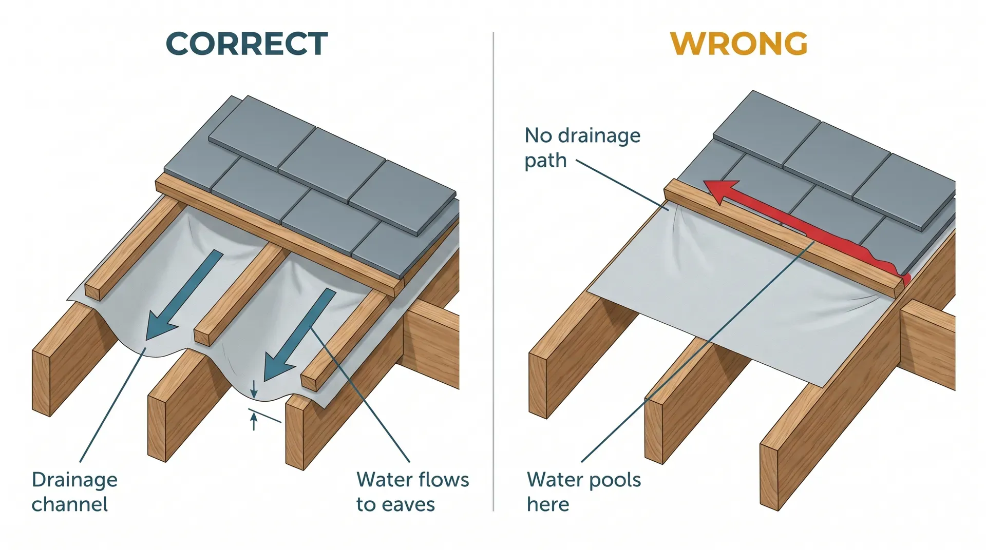 Two-panel cross-section diagram comparing correct and incorrect membrane installation. Left panel labelled CORRECT shows breathable membrane draped with natural sag between rafters, counter-battens pinning the membrane at rafter tops, and a teal arrow showing water draining freely to the eaves. Right panel labelled WRONG shows membrane pulled drum-tight with no sag, and a red arrow showing water pooling at the upslope edge of the tile batten.