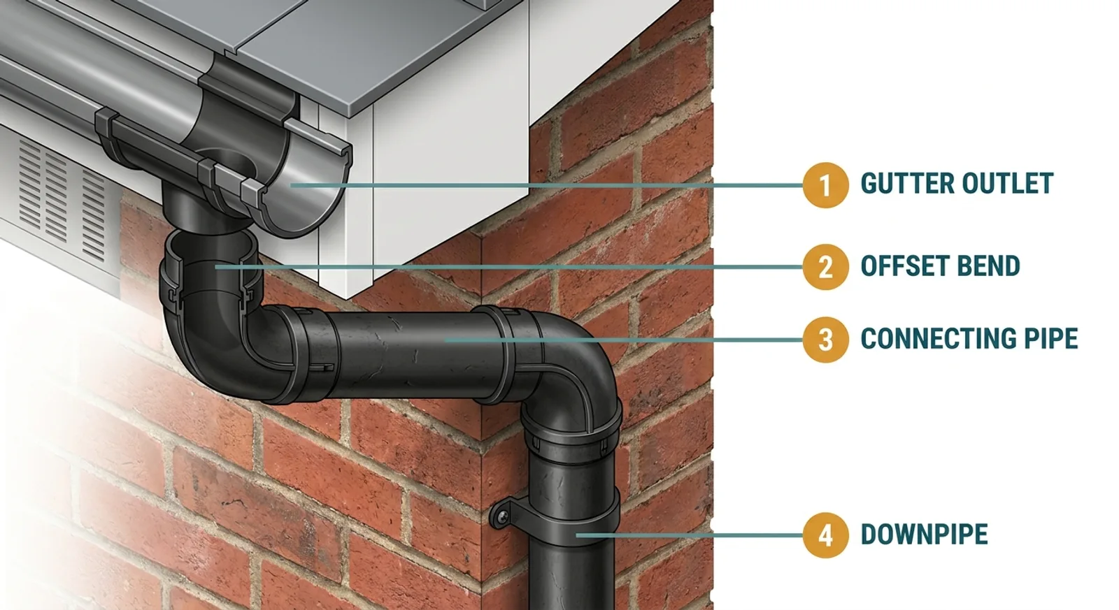 Diagram of a swan-neck offset at the top of a downpipe, with two offset bends and a short connecting pipe stepping the pipe back from the gutter outlet to the wall face below the eaves