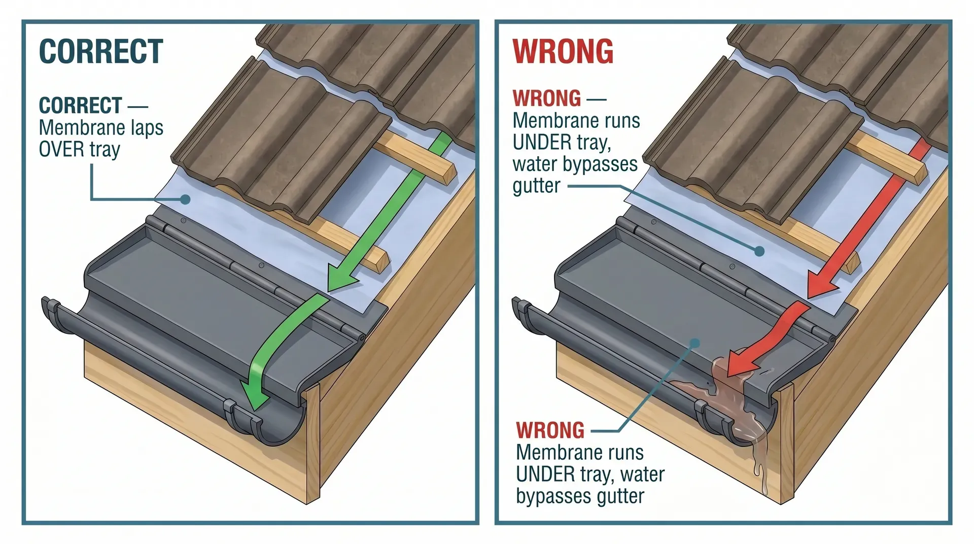 Two side-by-side cross-section diagrams comparing correct and incorrect eaves support tray membrane installation. The left panel labelled CORRECT shows the breathable membrane lapping over the top of the tray with a green arrow showing water draining into the gutter. The right panel labelled WRONG shows the membrane running under the tray with a red arrow showing water discharging behind the gutter onto the fascia.
