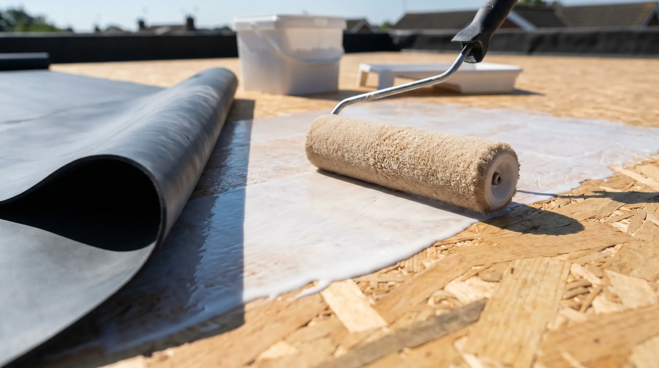 A 9-inch medium-pile roller spreading white water-based bonding adhesive across an OSB3 flat roof deck, ready for an EPDM rubber membrane to be laid into the wet adhesive