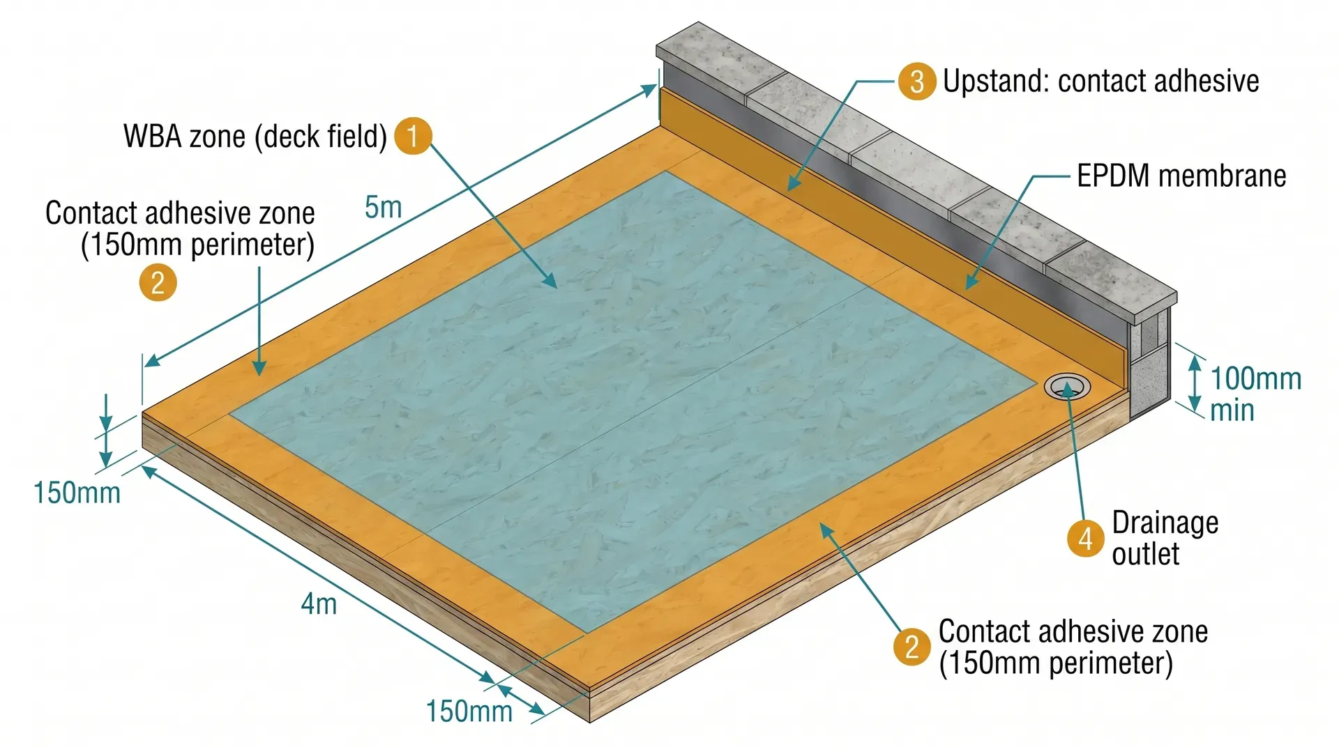 Top-down isometric diagram of a rectangular flat roof showing two adhesive zones: a large central teal-blue field for water-based adhesive and a 150mm amber perimeter border for contact adhesive, with an upstand against a parapet wall also highlighted in amber and a drainage outlet in one corner.