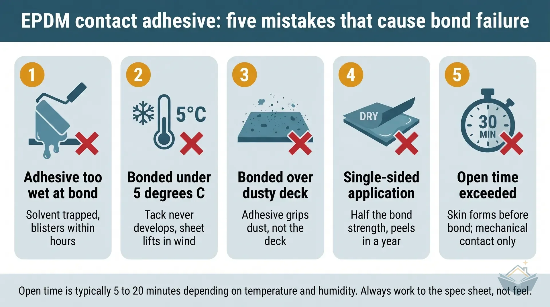 Five-tile infographic showing common EPDM contact adhesive bond failures: applying when the adhesive is still wet, working under 5 degrees C, bonding over a dusty deck, single-sided application, and exceeding open time. Each tile lists the consequence.