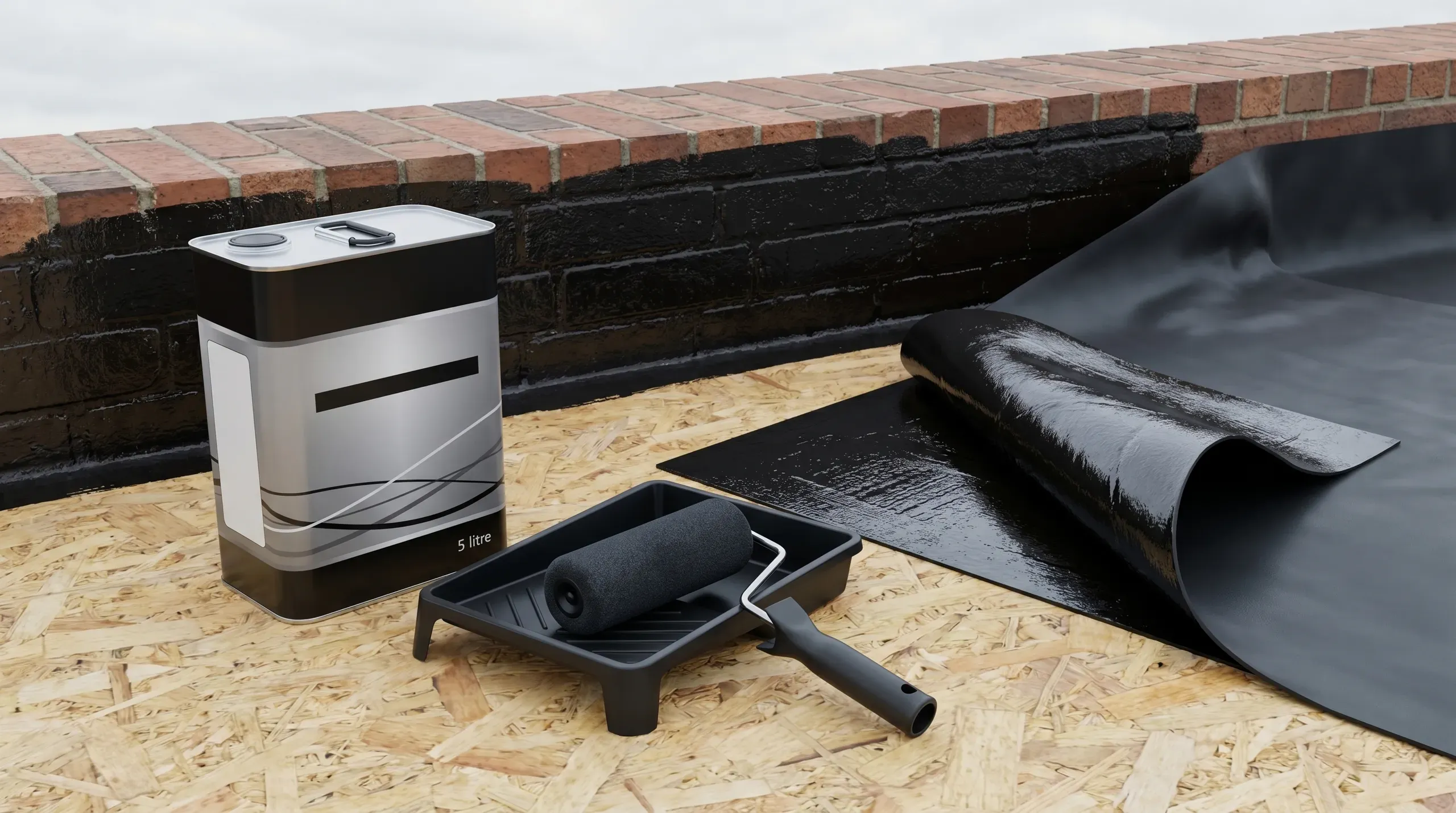 Open 5-litre tin of solvent-based EPDM contact adhesive next to a paint roller and a folded EPDM membrane upstand on a flat roof deck