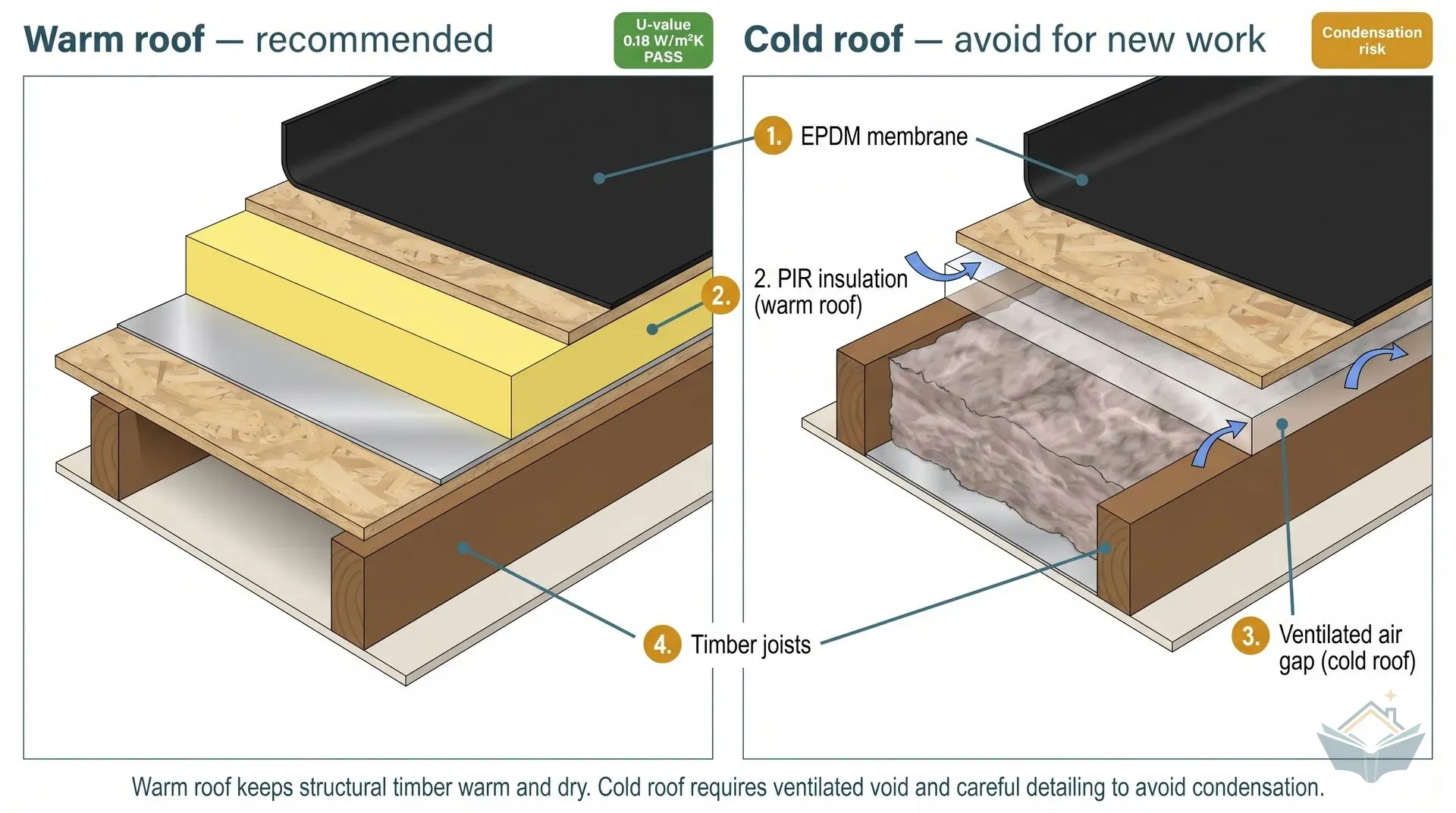 Side-by-side isometric cross-section comparing warm roof and cold roof flat-roof build-ups. The warm roof (left) shows PIR insulation above the structural deck; the cold roof (right) shows a ventilated air gap with mineral wool between joists and an amber condensation-risk warning badge.