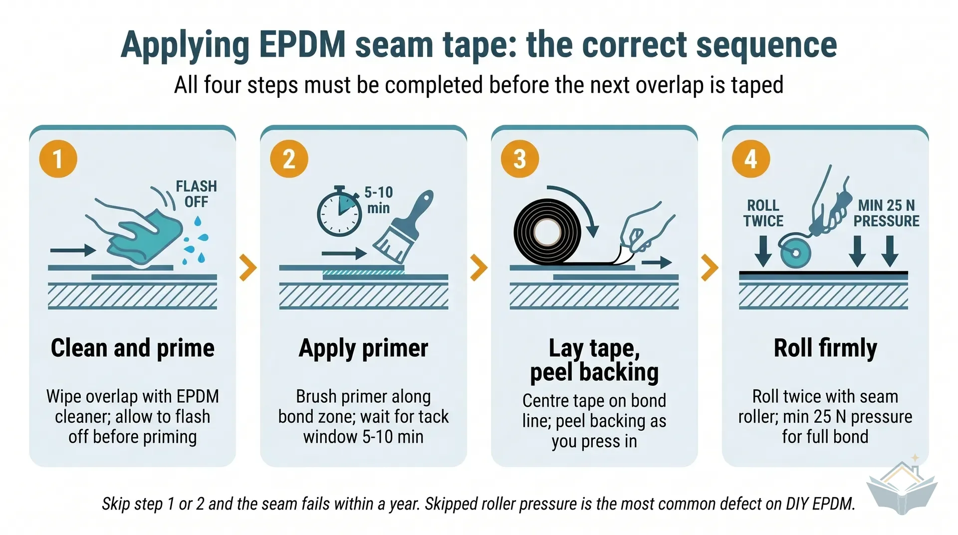 Four-step sequence infographic for EPDM seam tape: clean and prime the bond zone, apply primer and wait for the tack window, lay tape and peel backing as you go, and roll firmly with a seam roller. Each step includes a one-line note on technique and consequence.