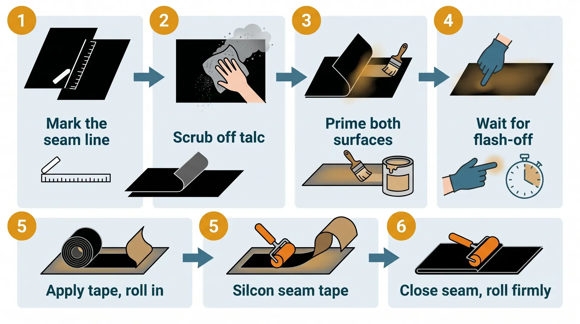 Six-panel process infographic showing the EPDM seam tape application sequence: marking the seam line, scrubbing off talc, priming both membrane surfaces, testing primer flash-off, applying and rolling in the tape, then closing and rolling the finished seam.
