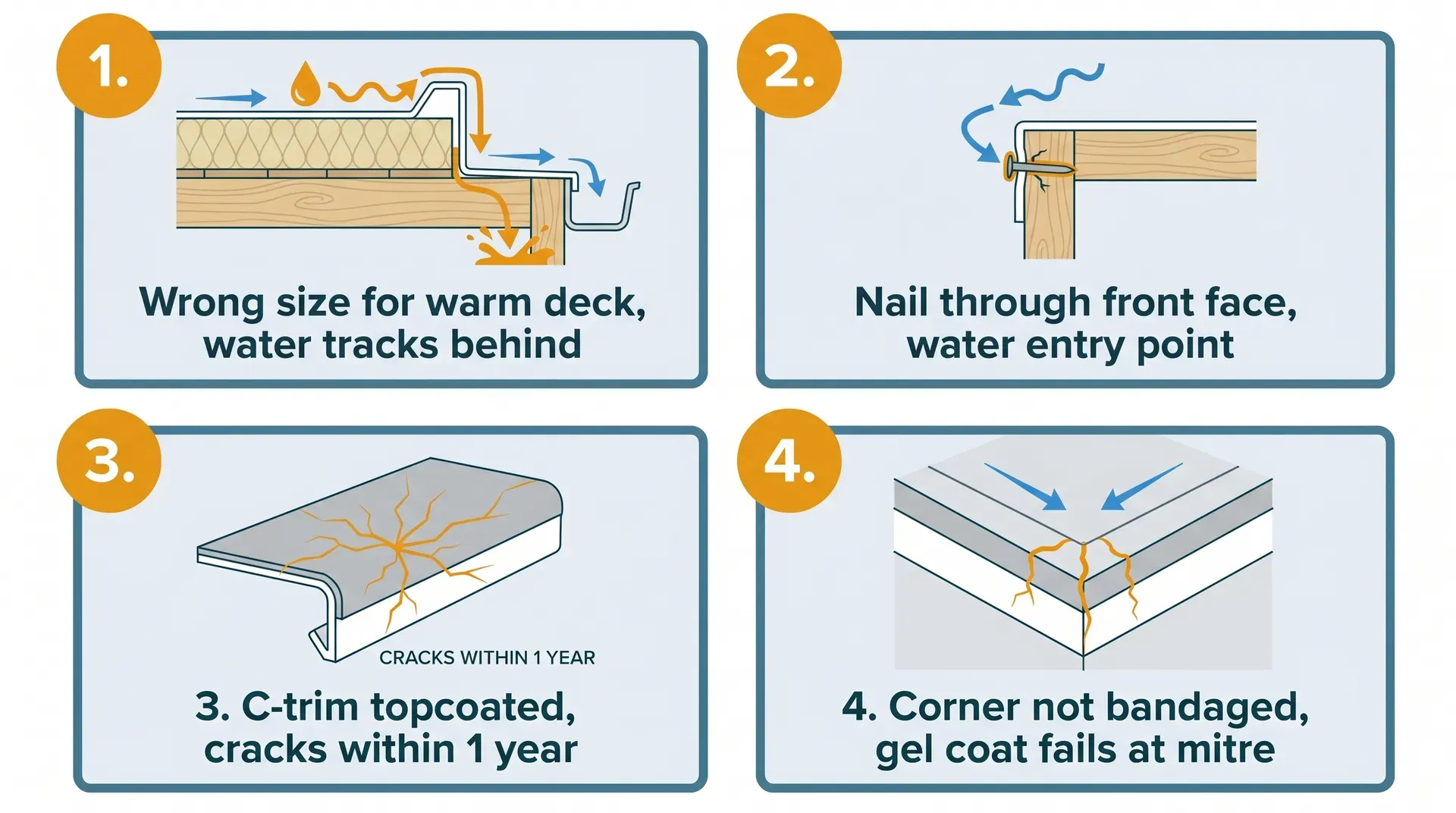 Flat vector infographic in a 2x2 grid showing four GRP trim installation mistakes: wrong trim size on a warm deck causing water to track behind the fascia, a nail driven through the drop face creating a water entry point, a C-trim that has been topcoated showing crack lines, and an unbandaged corner mitre showing gel coat failure.