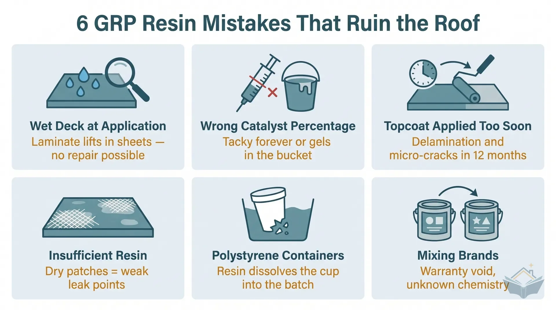 Two-column table infographic listing the five most common GRP roofing mistakes and why each one fails: wet deck causes complete bond failure and laminate lift, wrong catalyst percentage causes either permanent tackiness or free MEKP degradation, topcoat applied too soon causes delamination within 12 to 18 months, polystyrene cups contaminate the batch, and an interrupted session leaves chemically inert sections with no bond.