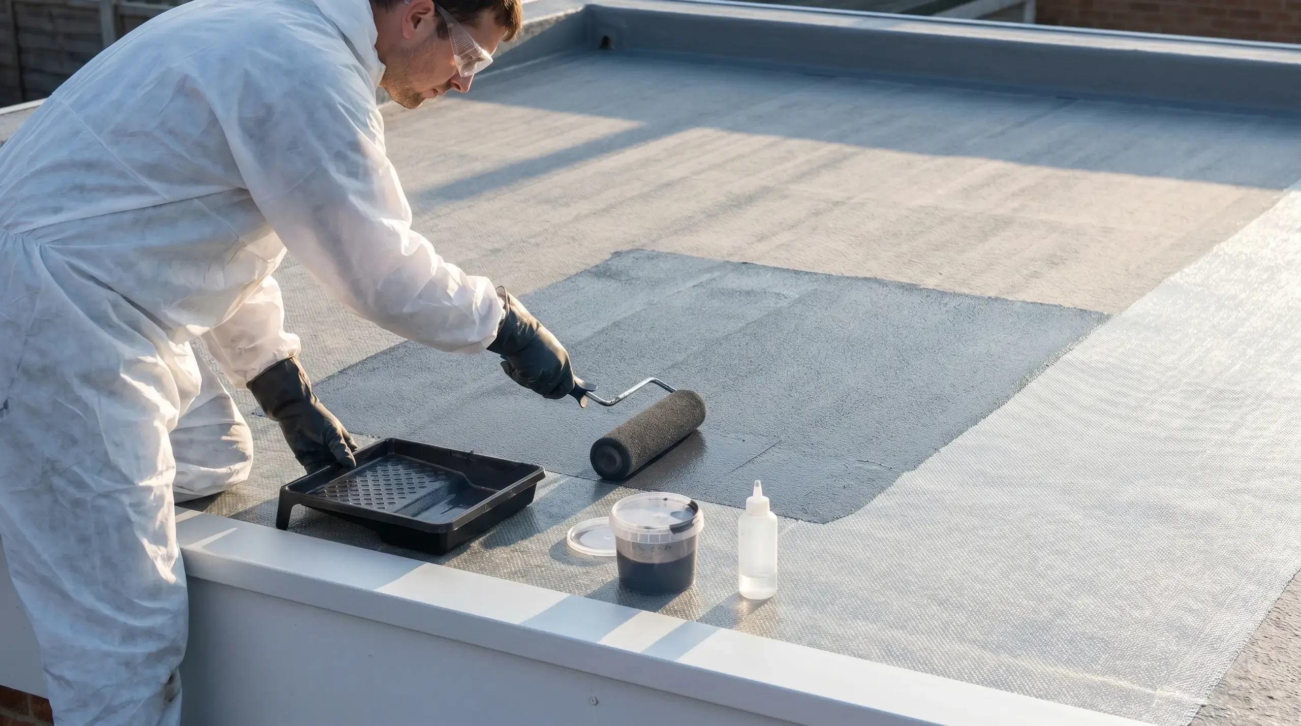 Roofer rolling pigmented dark grey GRP topcoat onto a cured fibreglass laminate flat roof using a polyester roller, with edge trims and a parapet visible