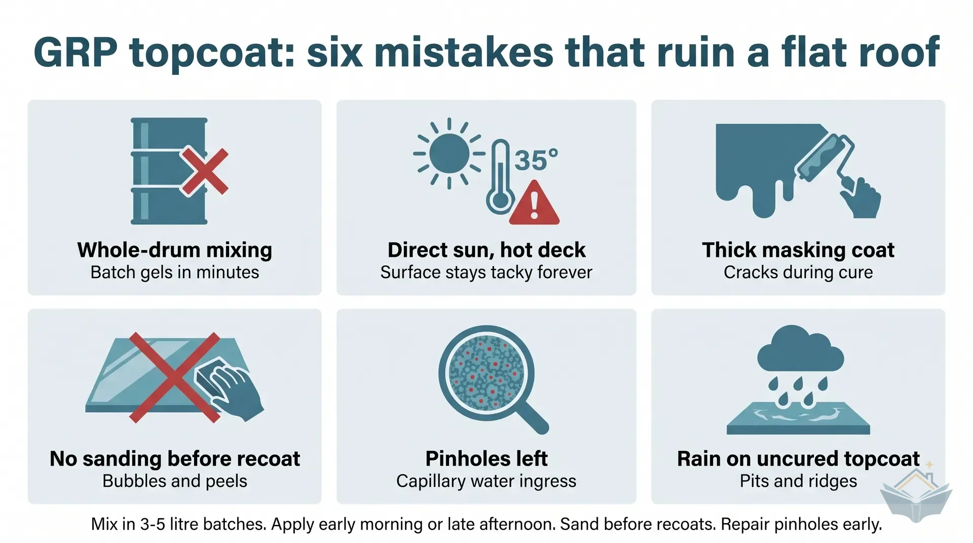 Six-tile infographic dashboard showing common GRP topcoat failures: whole-drum mixing causing the batch to gel in minutes, direct sun on a hot deck causing a permanently tacky surface, thick masking coat cracking during cure, skipping sanding before recoating causing bubbles and peels, leaving pinholes allowing water ingress, and rain on uncured topcoat causing pits and ridges.