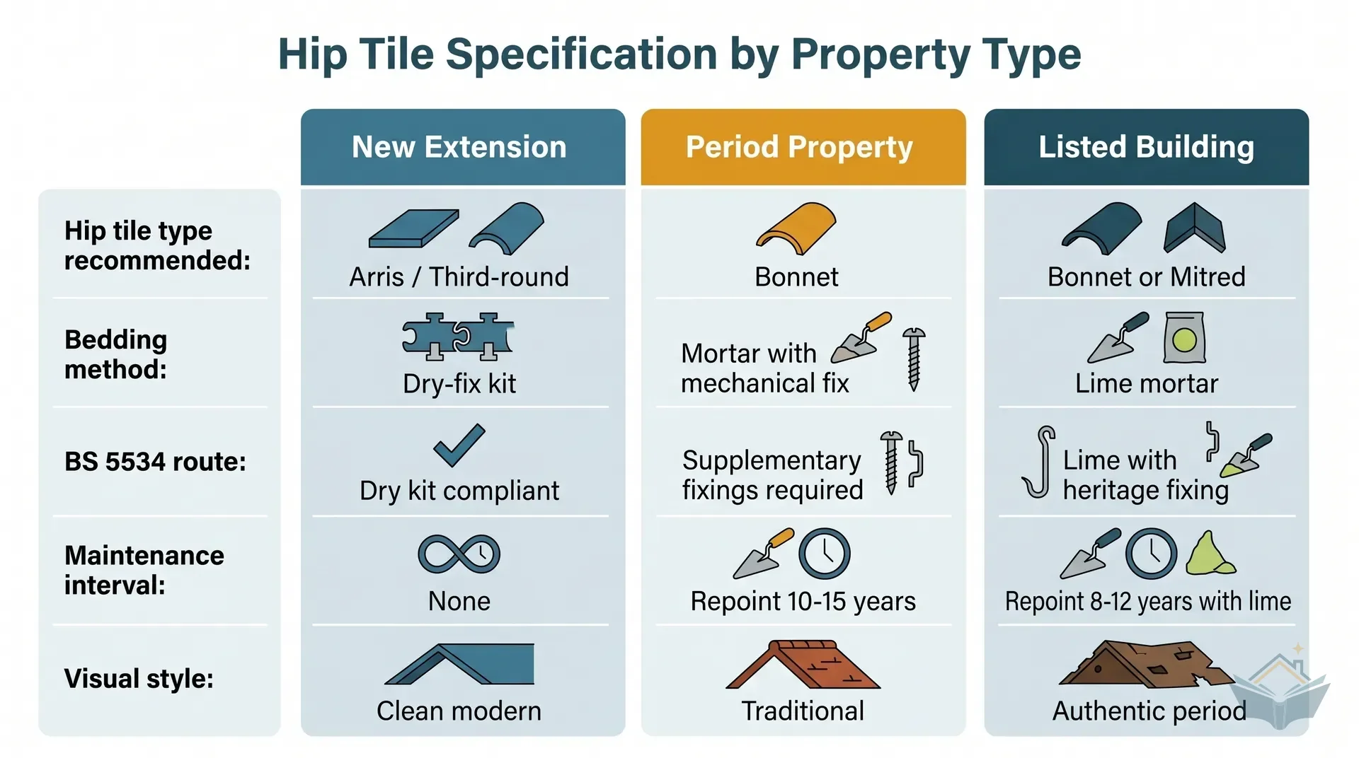 Property-type matrix showing which hip tile pairs with which roof: profiled concrete interlocking tile to third-round or angular concrete hip; plain clay tile (Victorian, Edwardian, handmade) to arris or bonnet clay hip; flat interlocking tile or slate to angular ridge on hip; and mitred-with-soakers for plain tile roofs wanting a flush finish.