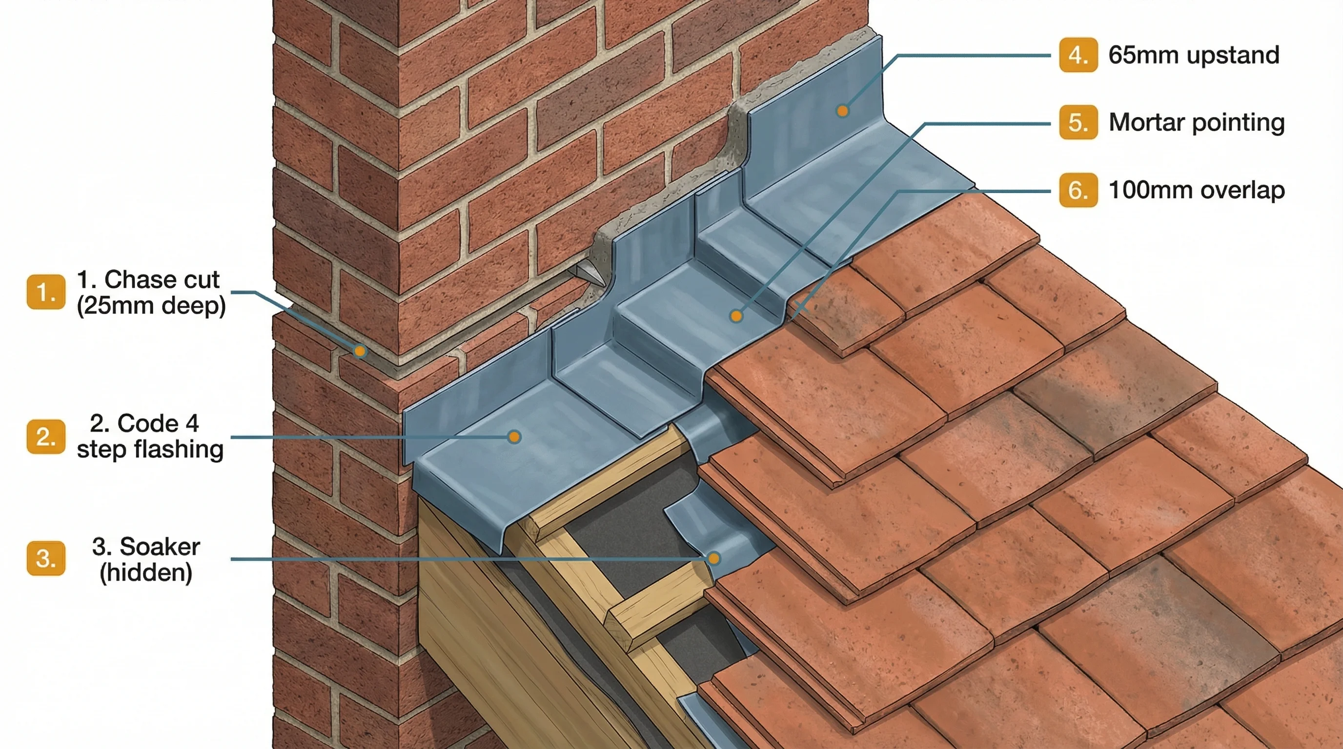 Isometric cutaway of a pitched roof abutment showing stepped lead flashing with soakers interleaved between tile courses, chased into a brick wall