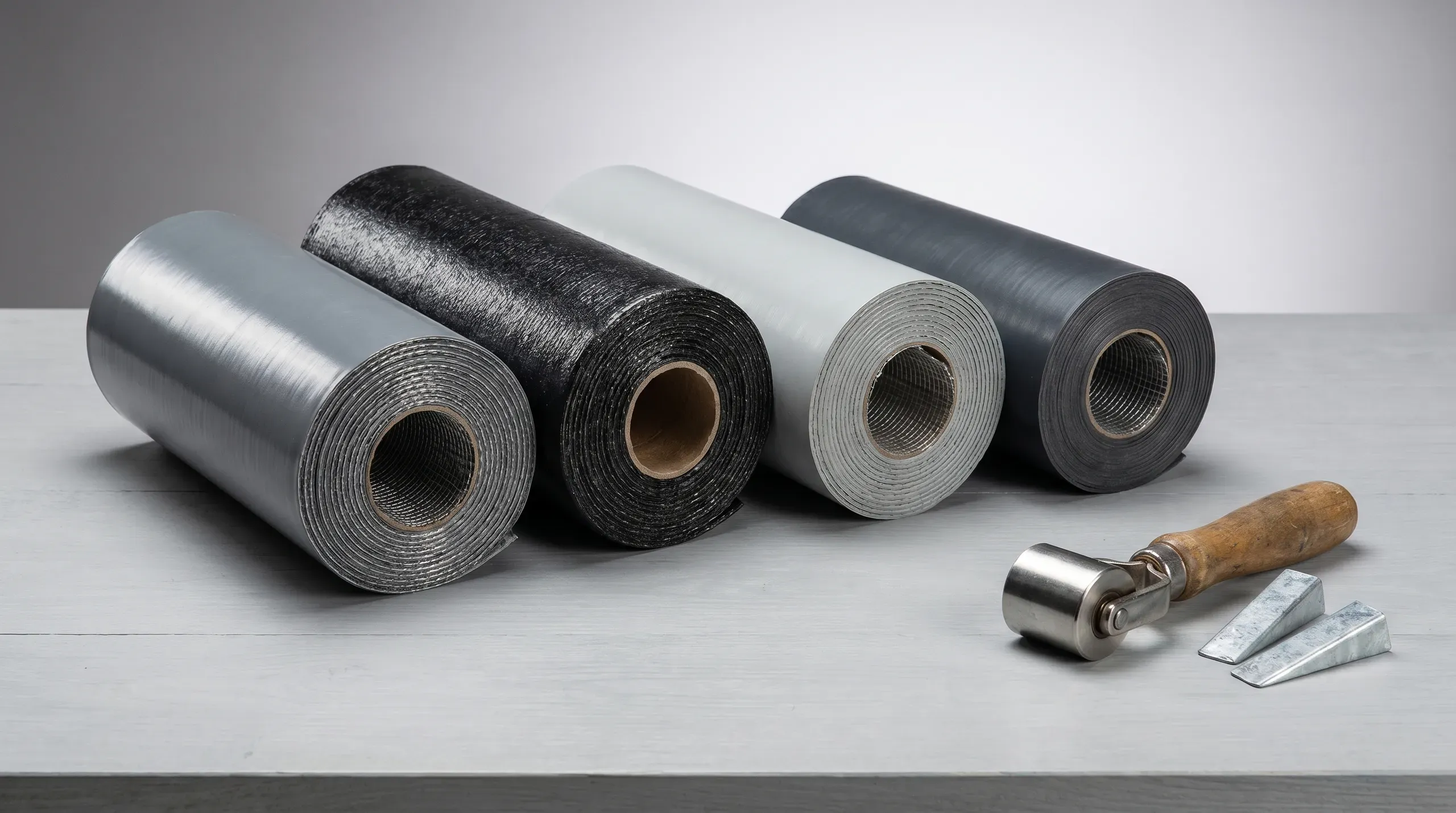 Rolls of grey lead-free flashing laid out on a workbench with a flashing roller and lead wedges, ready for installation