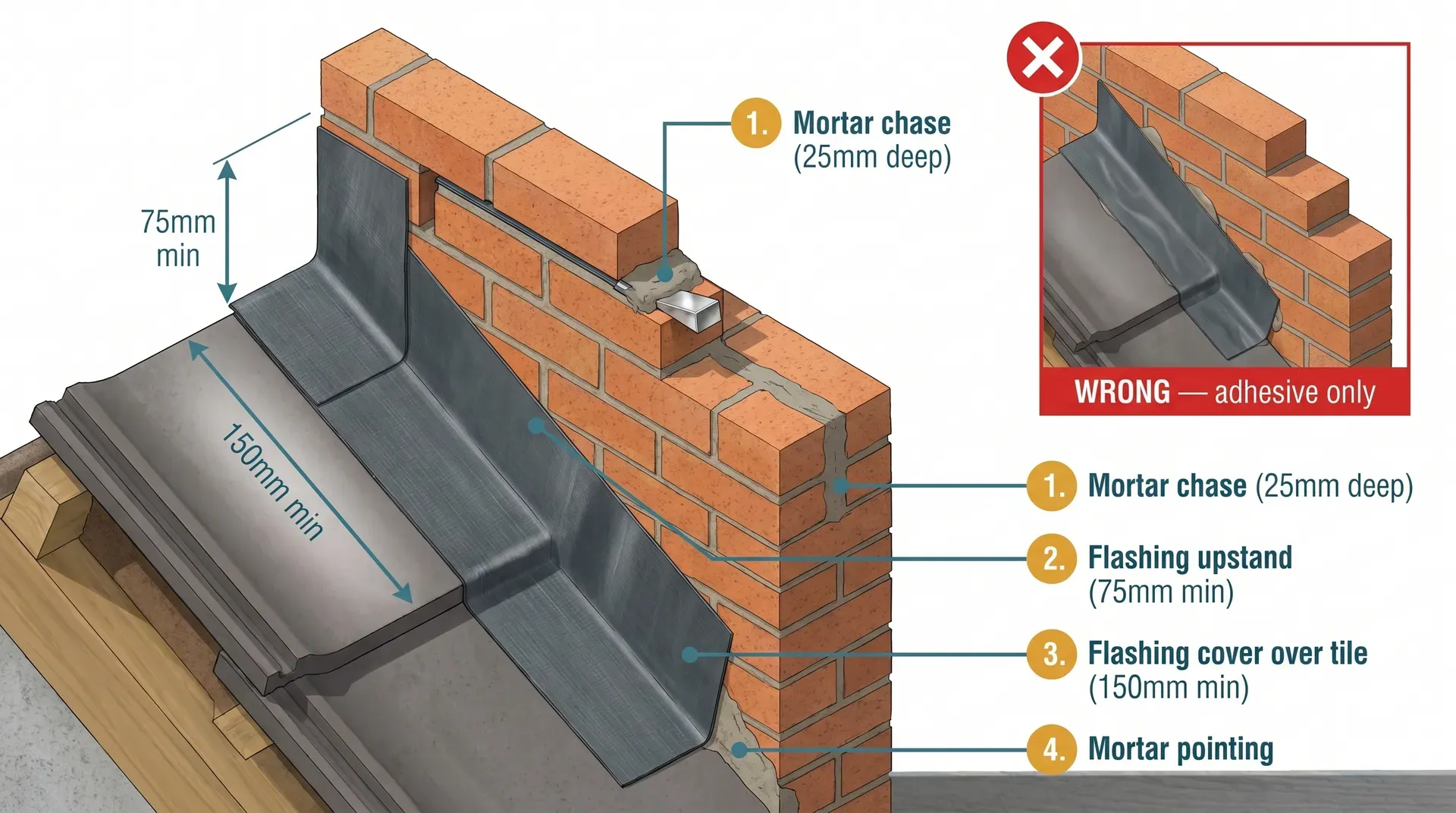 Technical isometric cutaway diagram of correct lead-free flashing installation at a brick wall abutment, with four annotated callouts showing mortar chase depth (25mm), flashing upstand height (75mm minimum), tile cover length (150mm minimum), and mortar pointing. A smaller inset shows incorrect adhesive-only installation marked with a red X.