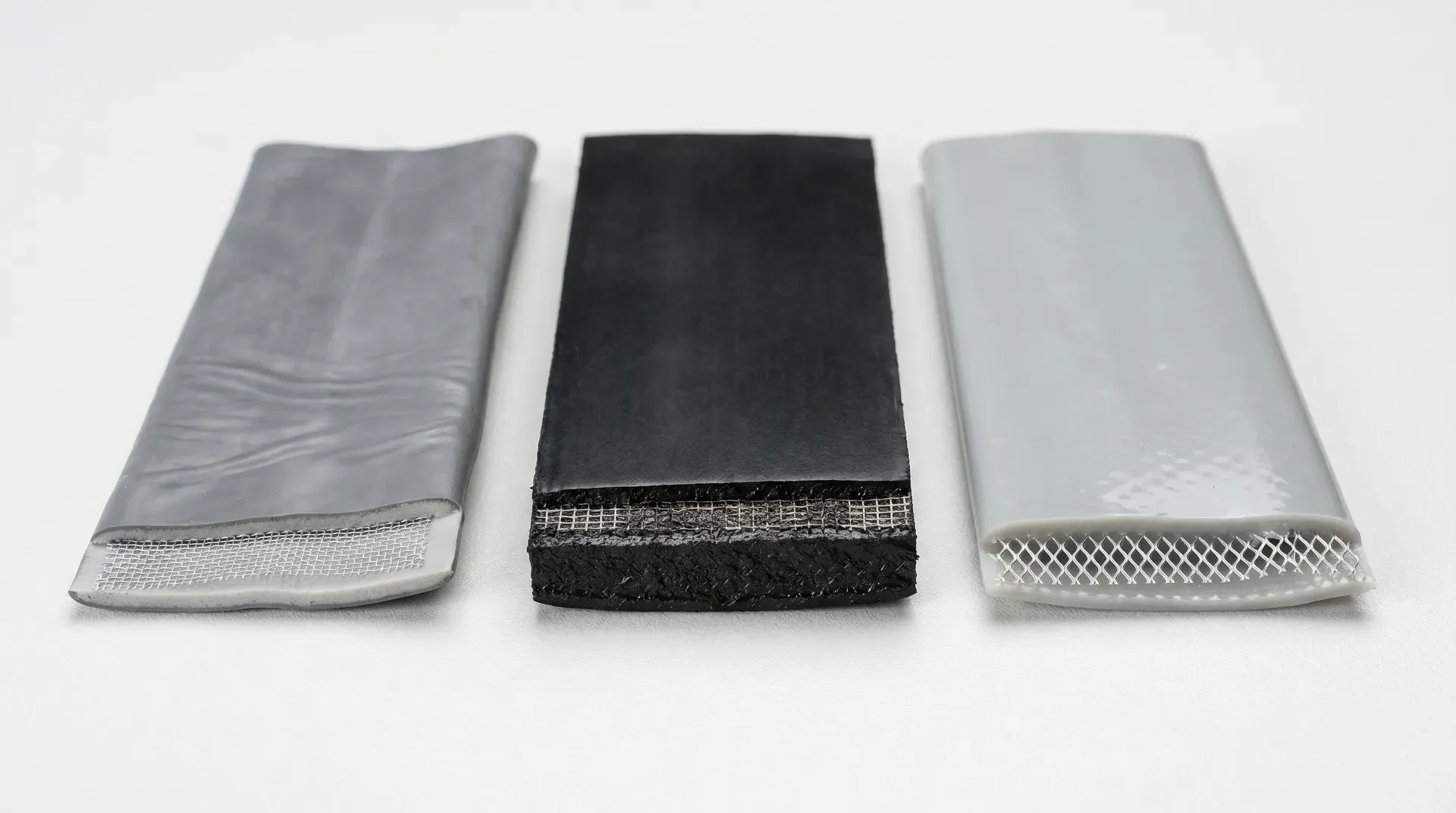 Three cut sections of unbranded lead-free flashing materials shown side by side: grey PIB-based flashing with aluminium mesh visible at the cut end, thick black bitumen-core flashing showing a 3.5mm cross-section, and pale grey PVB-based flashing with expanded aluminium mesh. Each piece angled to reveal its internal layered structure.