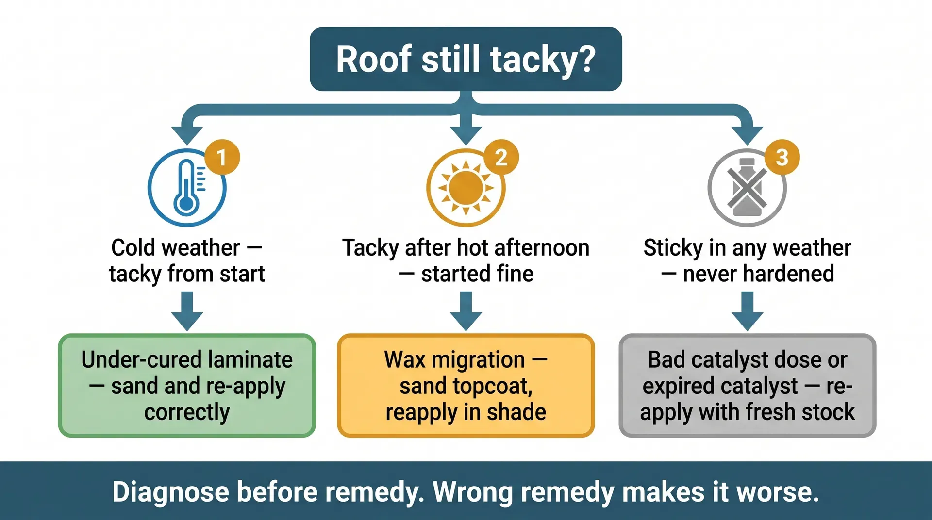 Decision tree infographic showing three diagnostic branches for a sticky GRP roof: cold weather and tacky from start pointing to under-cured laminate, tacky after hot afternoon pointing to wax migration, and sticky in any weather pointing to bad or expired catalyst, each with a recommended remedy.