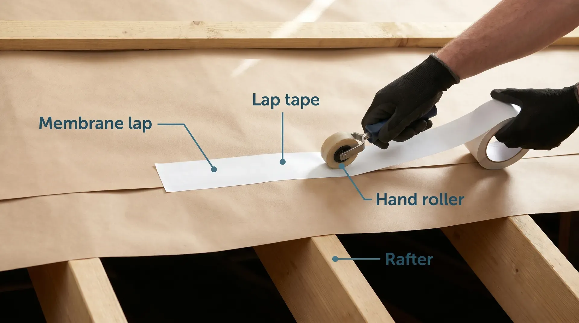 Hands applying a 75mm white membrane lap tape onto the horizontal overlap of a tan breathable roofing underlay, with a small hand roller pressing the tape down. The timber rafters are visible below the membrane and a horizontal batten runs across the top of the frame.
