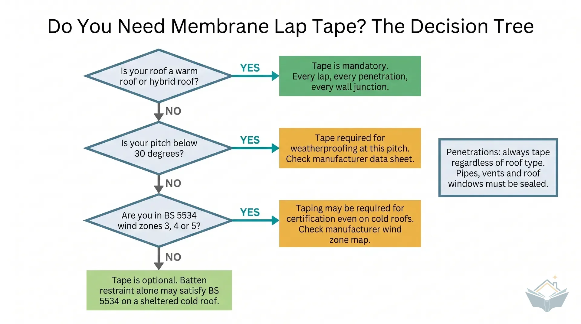 Decision flowchart for membrane lap tape showing four branches: cold roof in wind zones 1 to 2 (tape optional, batten restraint sufficient), cold roof in wind zones 3 to 5 (tape required for compliance), warm or hybrid roof at any pitch (tape mandatory at all laps and penetrations), and low-pitch roof below 22.5 degrees (tape required regardless of roof type), with a final reminder that penetrations always need taping on every roof type.