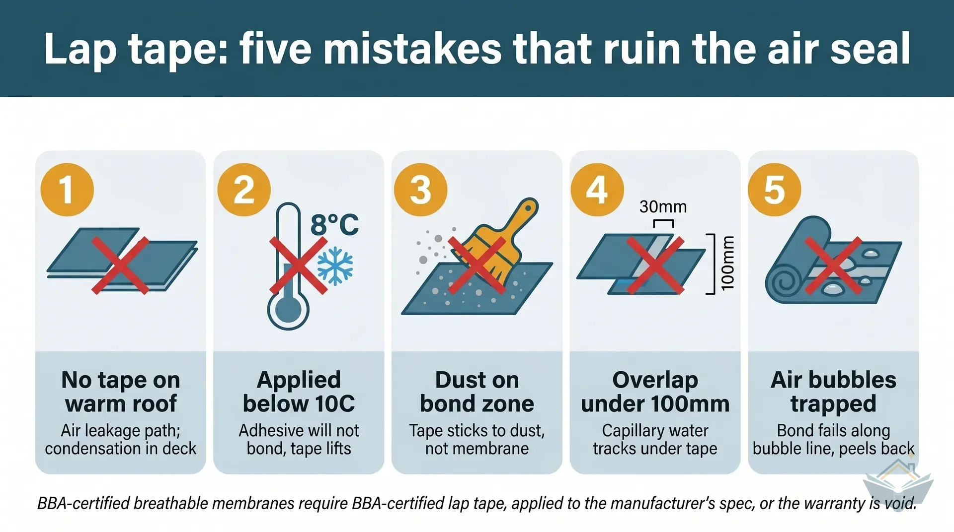 Five-tile infographic showing common membrane lap tape failures on a UK roof underfelt: no tape applied on a warm roof, applied below 10 degrees C, dust on the bond zone, overlap under 100mm, and air bubbles trapped along the bond. Each tile lists the consequence.