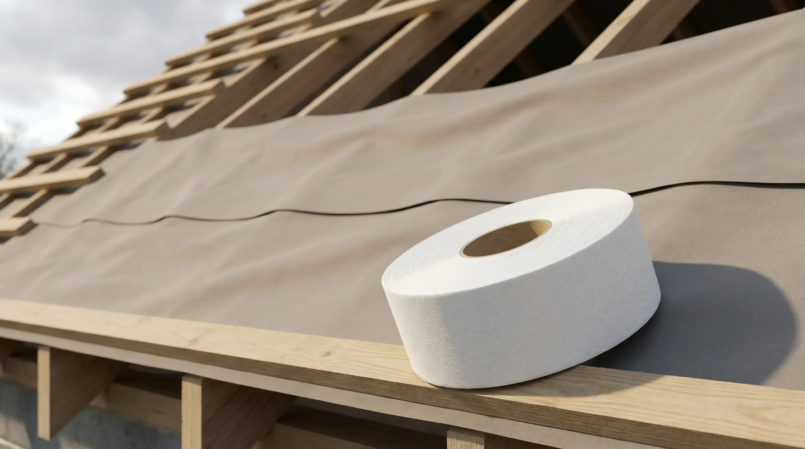Roll of branded breathable membrane lap tape sitting on a partly-covered pitched roof, with the membrane overlap visible behind it