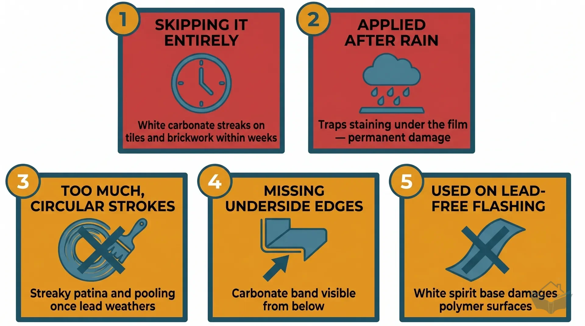 Five-tile grid of common patination oil mistakes. Tile 1: skipping it entirely, a scaffold silhouette with a red X. Tile 2: applying after rain, a rain-cloud icon with a red X and the note 'carbonate has already started'. Tile 3: too much oil applied in circular strokes, a swirl pattern and pooling warning. Tile 4: missing underside edges, a diagram of lead lapping over a tile with the 50mm underside strip highlighted in amber. Tile 5: applying to lead-free flashing, a Ubiflex-style roll with a red stop symbol.