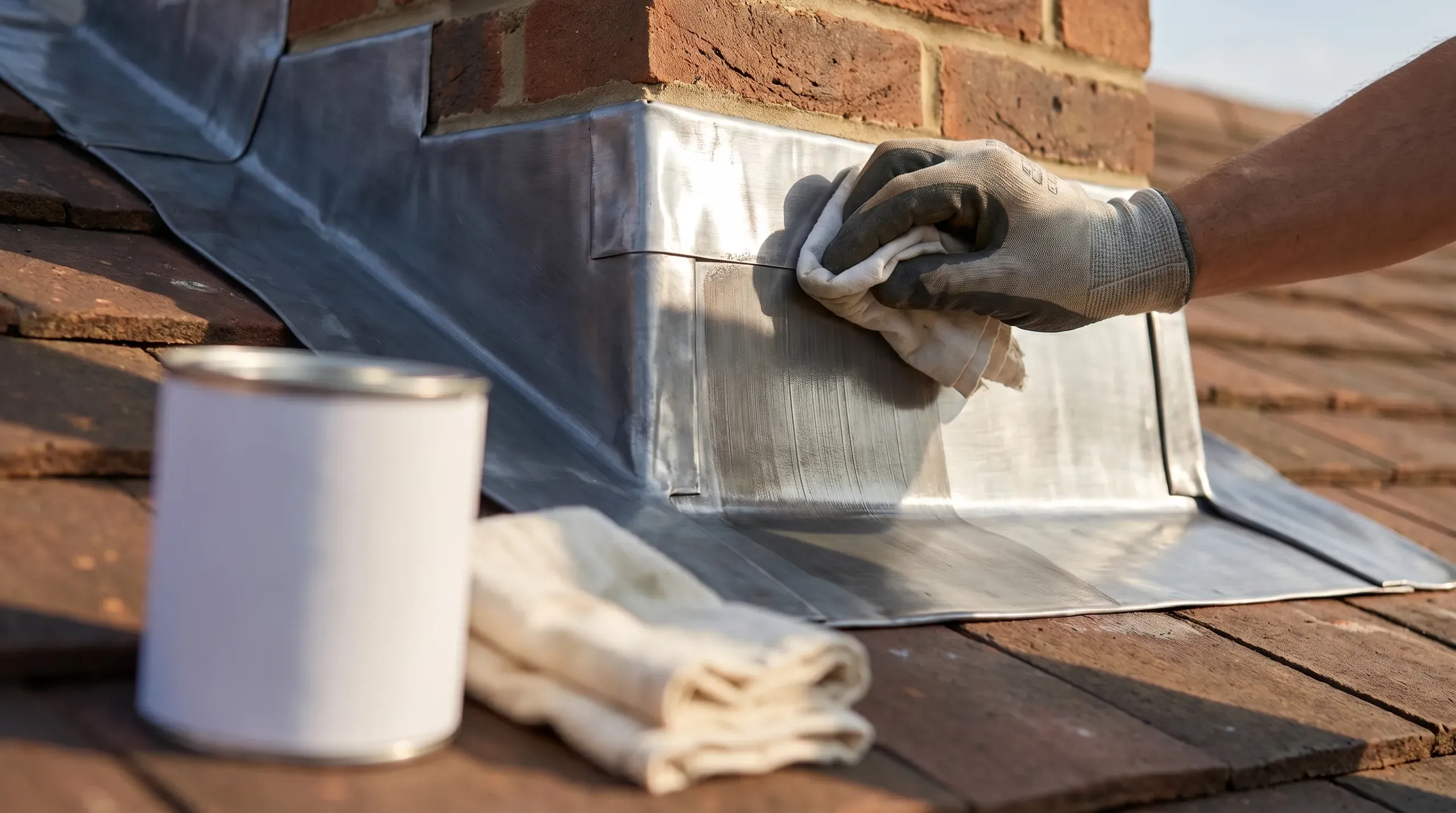 A roofer applying patination oil to freshly fitted lead step flashing on a chimney with a soft cloth, vertical strokes top to bottom