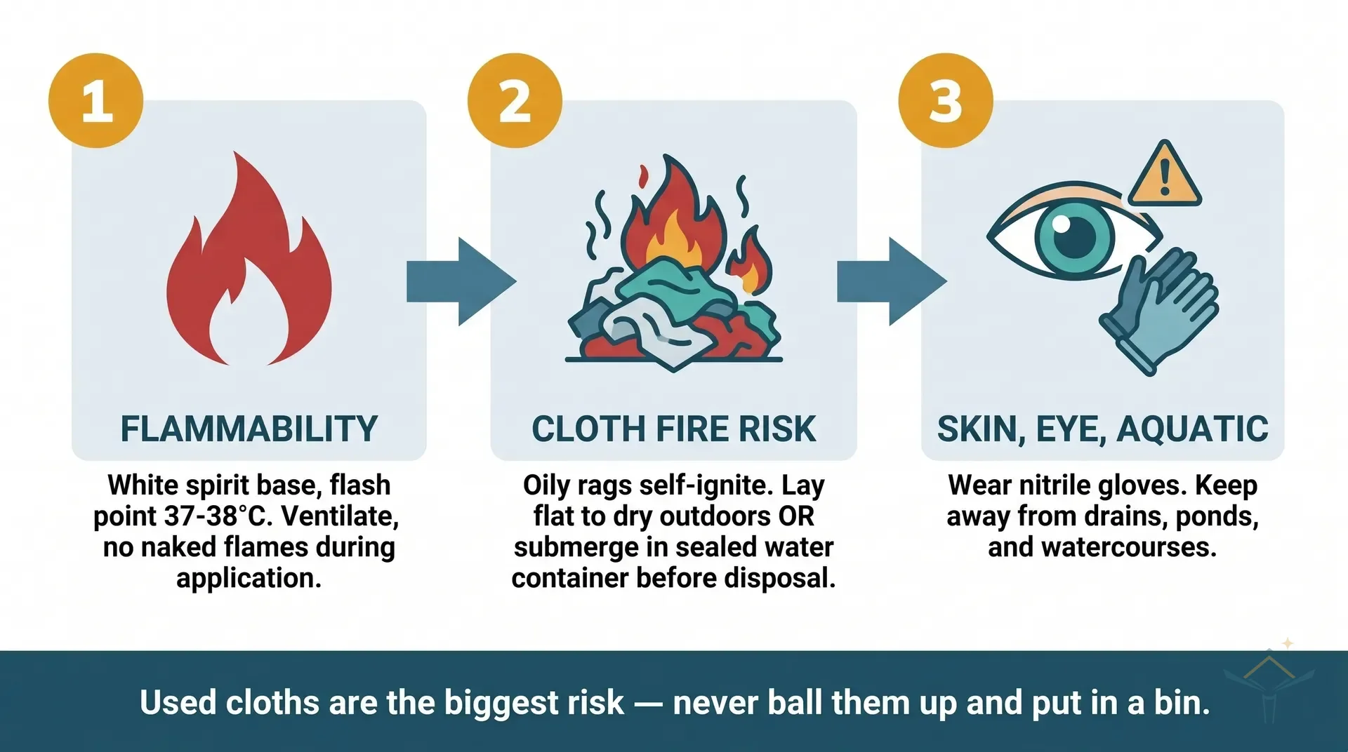 Three-panel safety infographic for patination oil. Left panel: flammability warning, flash point 37-38°C, keep away from naked flames and hot work. Centre panel: spontaneous combustion hazard, oil-soaked cloth with a flame icon and the instruction to lay cloths flat to dry or submerge in a sealed metal container of water, never crumple and bin. Right panel: three environmental and personal hazard icons covering skin and eye contact, aquatic harm, and drain disposal ban.