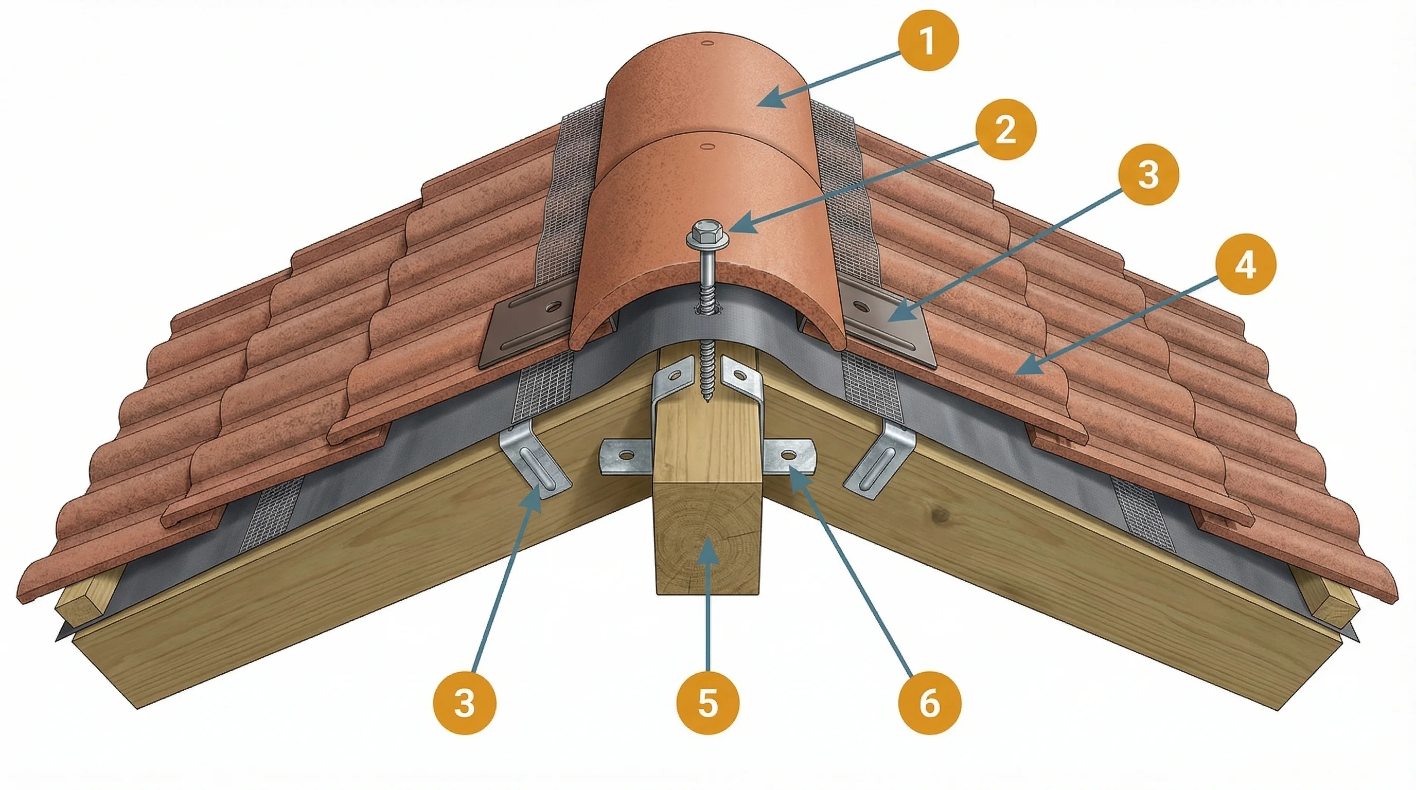 Technical cross-section of a pitched roof apex showing a ridge tile seated on a dry ridge system with ventilated roll, foam filler, and mechanical clip fixing into a ridge batten