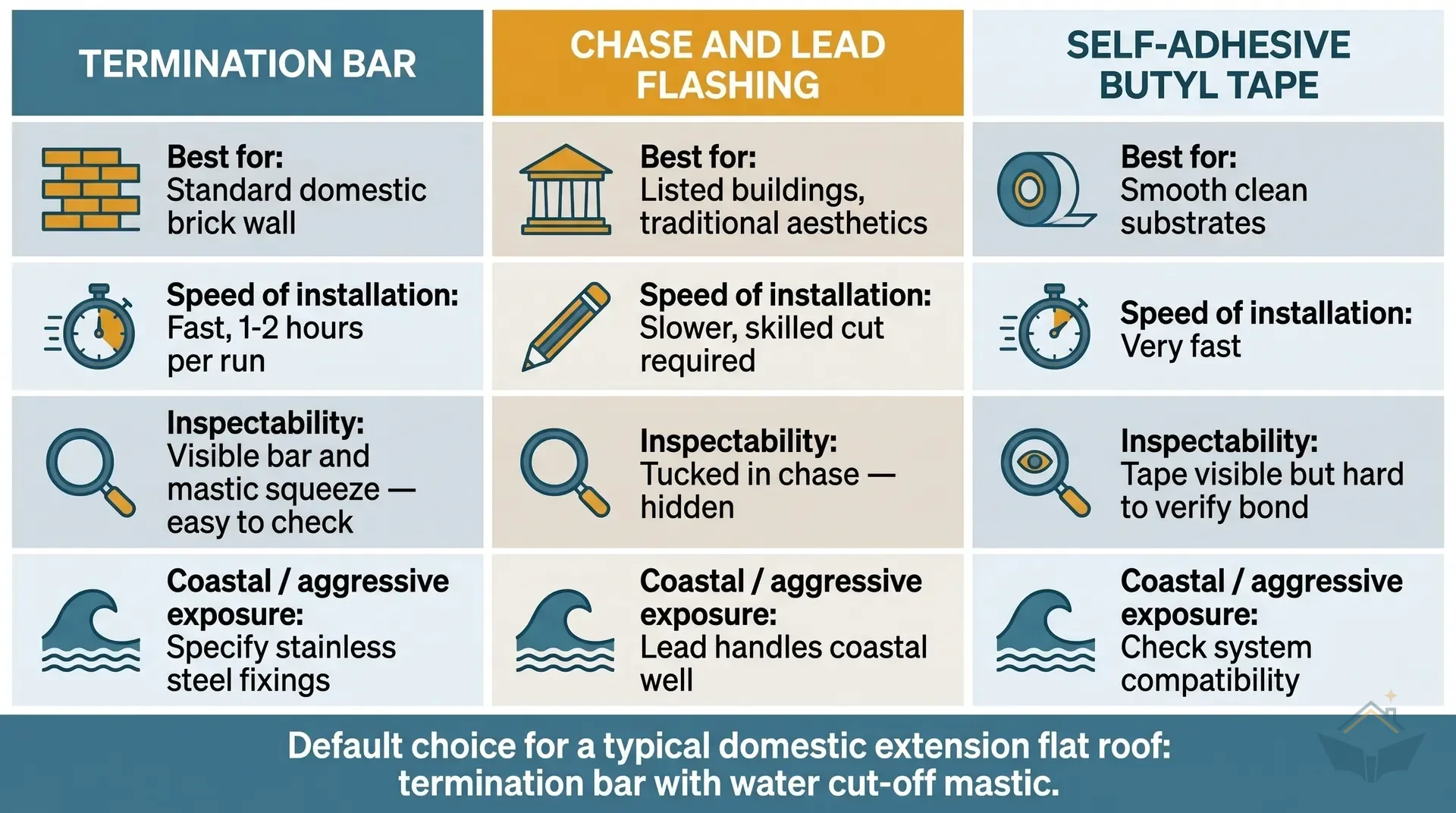 Four-column comparison infographic showing EPDM upstand termination alternatives. Column 1: termination bar, labelled 'standard', rated fast and inspectable, best for domestic extensions. Column 2: chase and lead flashing, labelled 'traditional', rated slow and skilled, best for listed buildings. Column 3: cover flashing over bar, labelled 'belt-and-braces', rated coastal and exposed sites. Column 4: EPDM under coping, labelled 'parapet only', rated good for parapet walls, not usable at intermediate walls. Each column has a small diagram of the detail.