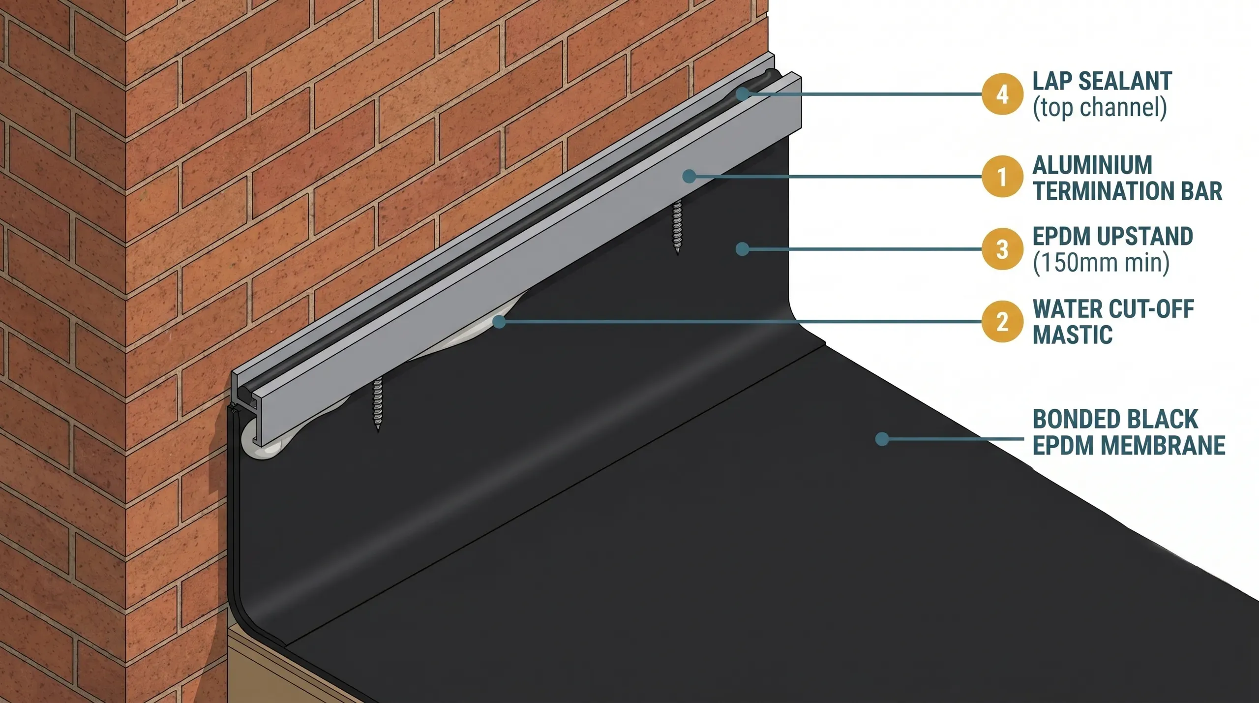 Aluminium termination bar screwed across the top of an EPDM membrane upstand against a brick wall, with water cut-off mastic visible squeezing out below the bar