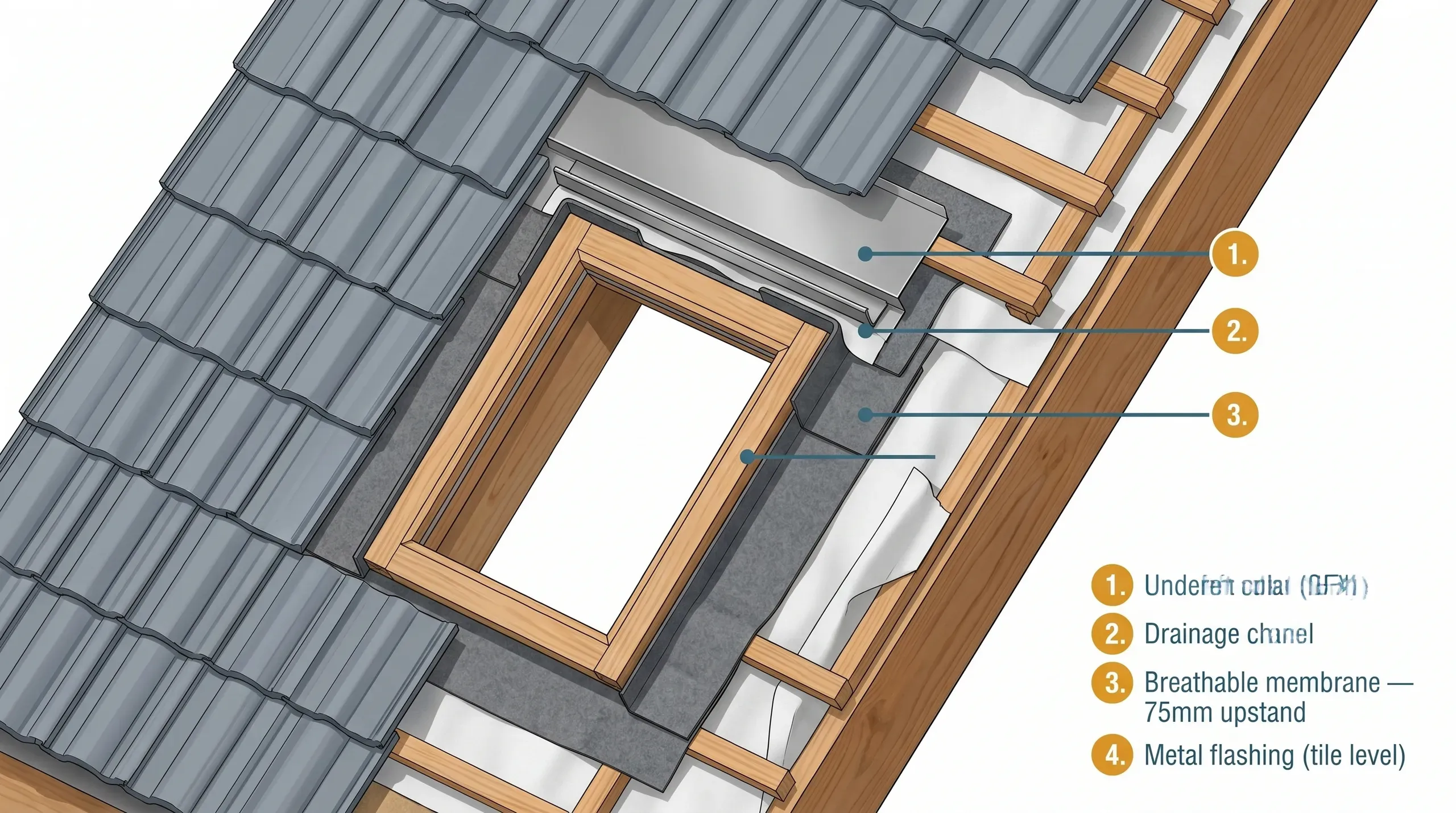 Cross-section of a pitched tiled roof at a roof window opening, showing the underfelt collar dressed beneath the breathable membrane and turned up against a fixing batten