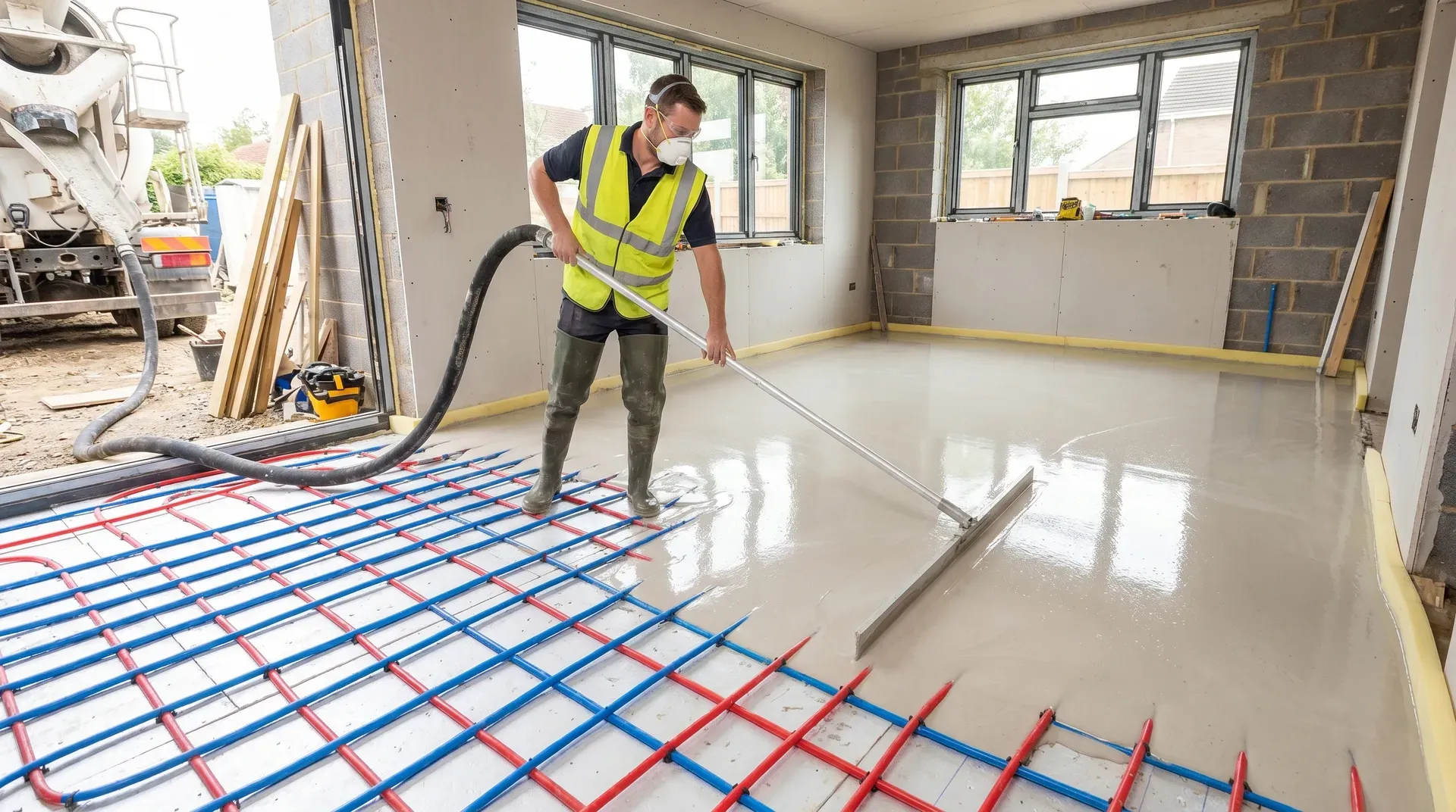 Photorealistic wide-angle photograph of a tradesperson pouring pale grey liquid anhydrite screed over underfloor heating pipes in a kitchen extension, using a dappling bar to release air from the self-levelling surface