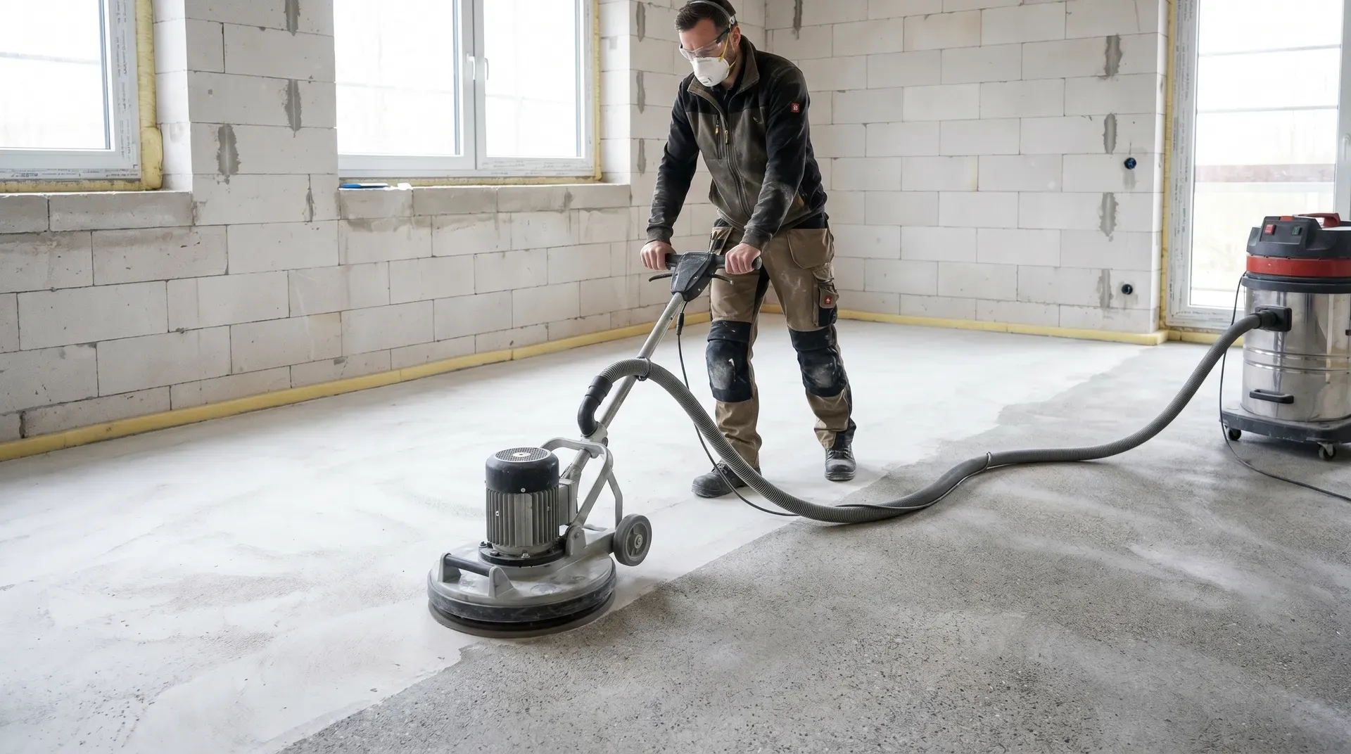 A tradesperson operating a large two-handle orbital floor sander on a pale grey anhydrite screed surface. The floor shows a clear contrast between the pale white-grey untouched laitance on the left and the darker mid-grey sanded screed on the right where the machine has passed. The tradesperson wears an FFP3 respirator, safety glasses, and knee pads.