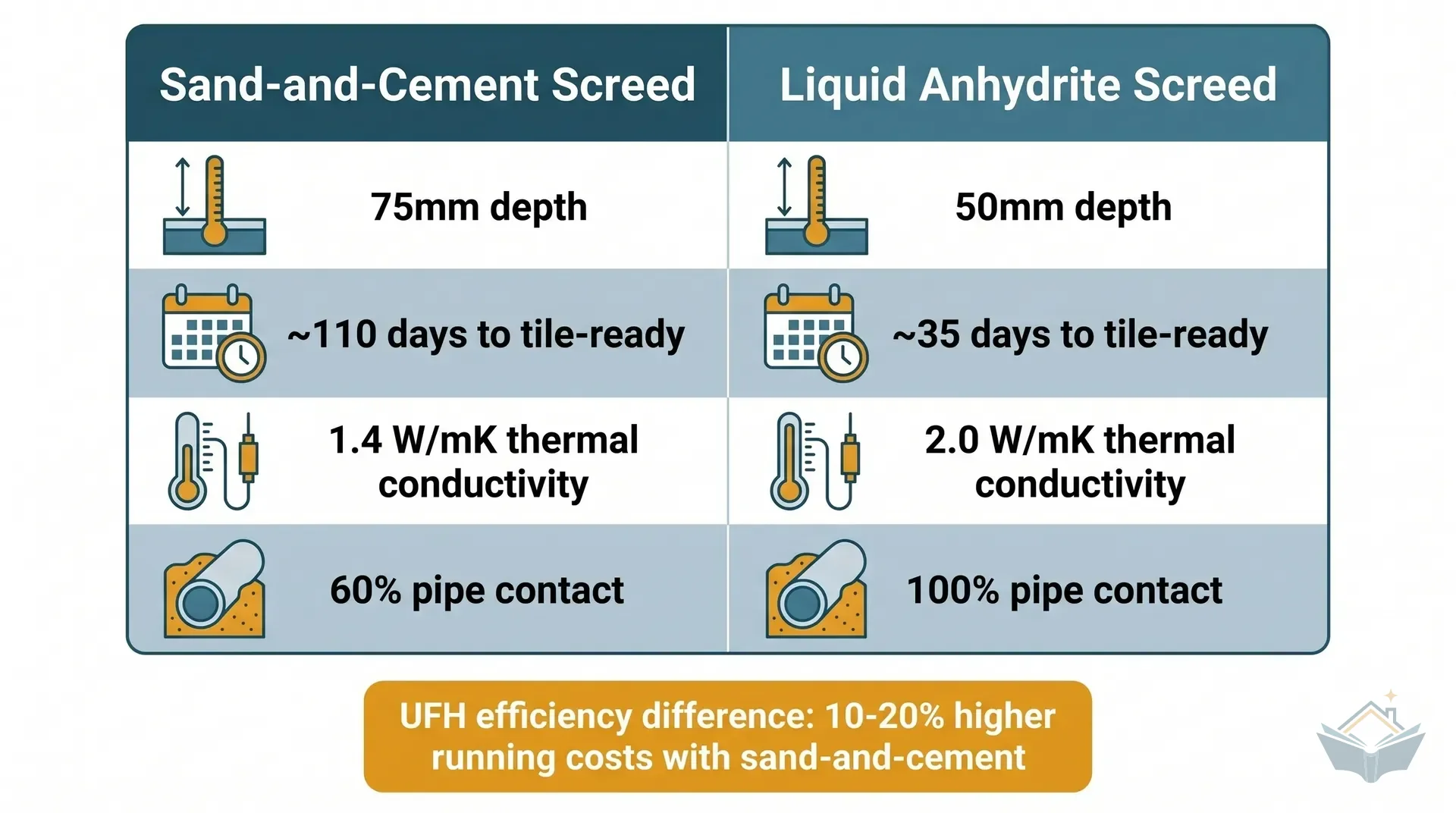 Three-column comparison infographic showing sand-and-cement screed drying timelines at different depths: 50mm screed takes approximately 50 days to flooring-ready moisture, 75mm screed takes approximately 110 days, and 100mm screed takes approximately 165 days. Each column shows a gauge icon with the depth, a calendar icon with days, and a coloured status band: amber for 50mm, red for 75mm and 100mm. A shared footer note reads: test with hygrometer before any floor covering, BS 8203 requires a written result.