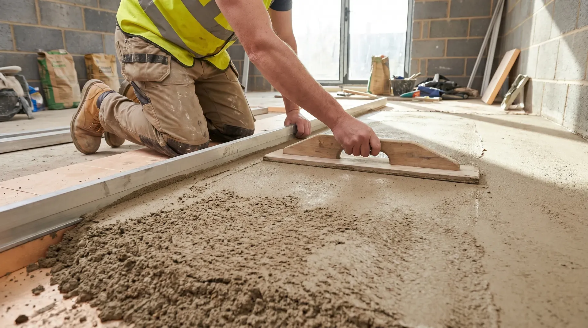 A tradesperson hand-floating a semi-dry sand-and-cement screed between aluminium rail guides, showing the earthy damp consistency and compacted surface