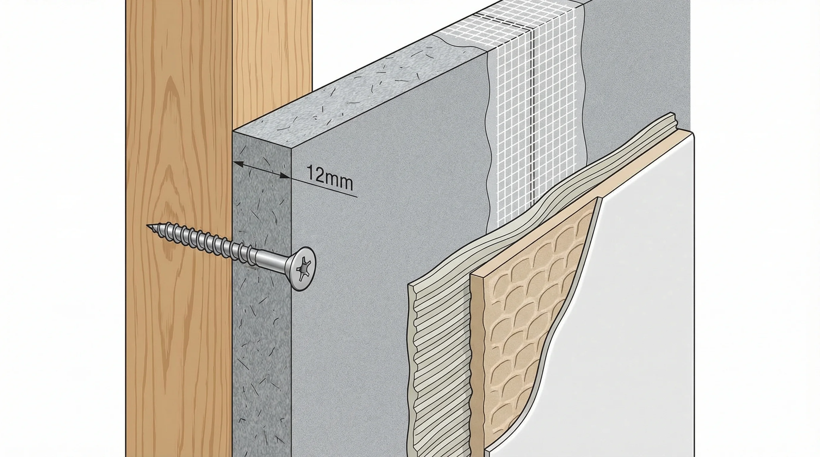 Cross-section of cement backer board showing fibre-reinforced cement composition with tile adhesive layer and wall tile, annotated with key features