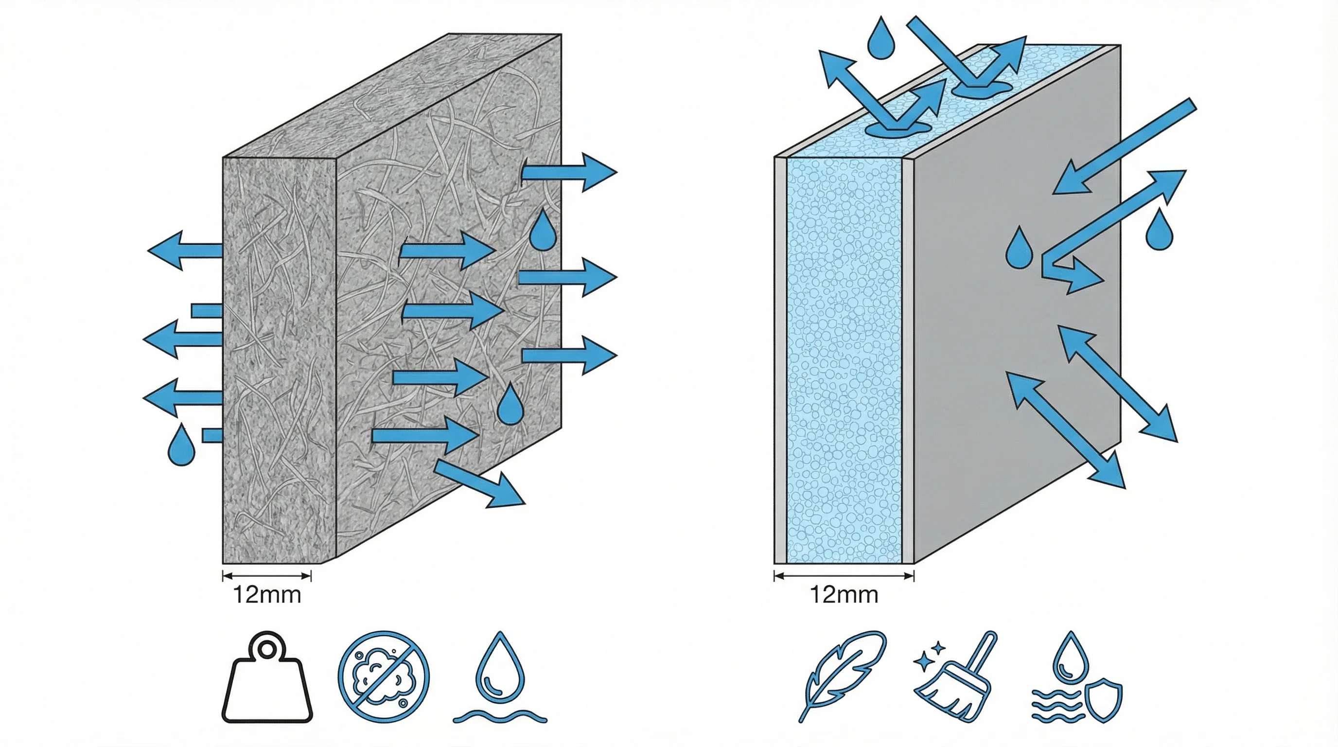 Side-by-side cross-section comparison of cement board (left, grey, water passes through) and XPS foam board (right, light blue, water blocked at surface), with comparison icons for weight, cutting dust, and water resistance.