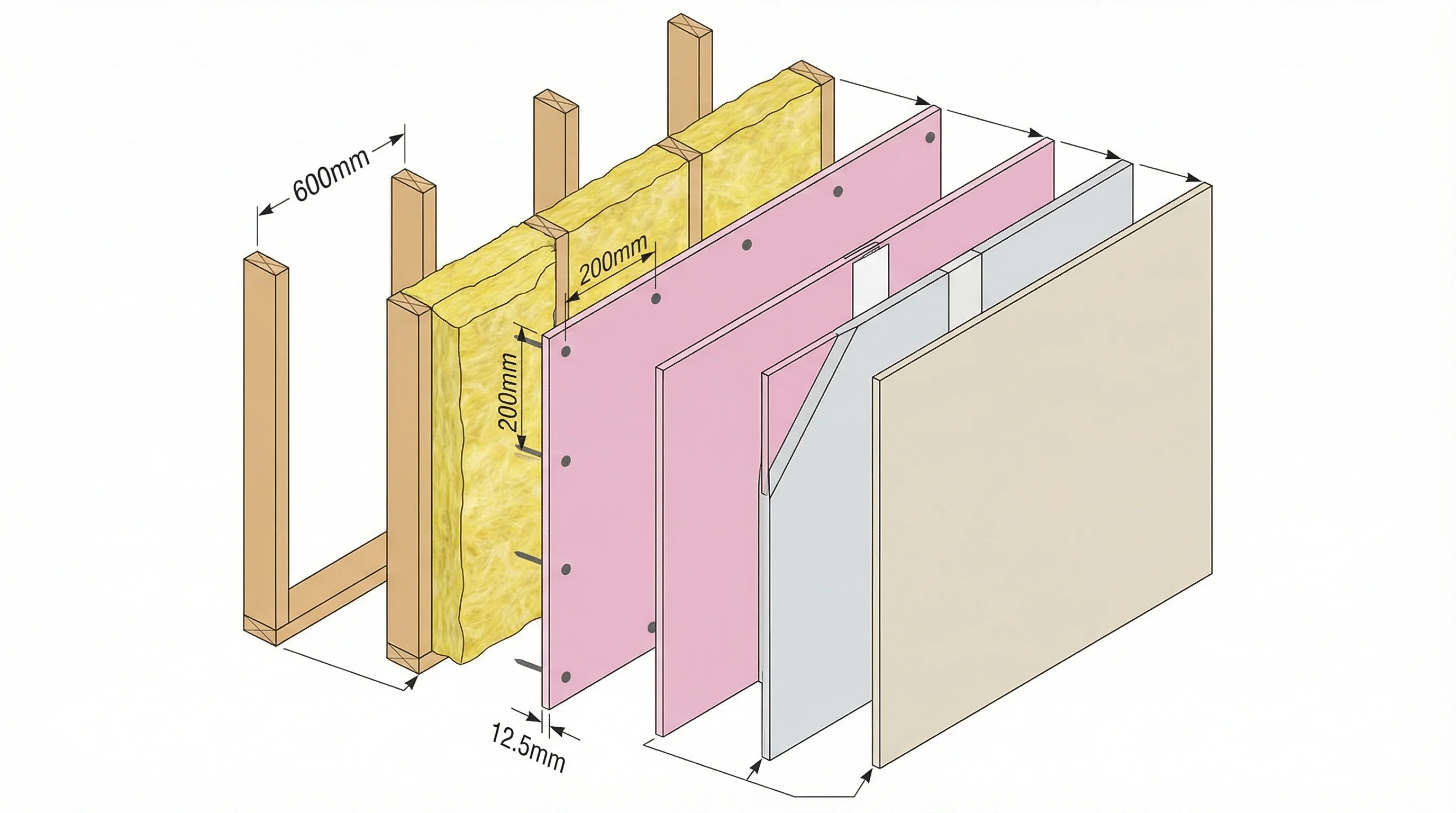 Exploded view of a complete 30-minute fire-rated wall system showing all layers: timber studs at 600mm centres, mineral wool insulation, pink fire-rated plasterboard, drywall screws at 200mm centres, paper joint tape, fire-rated joint compound, and skim finish.