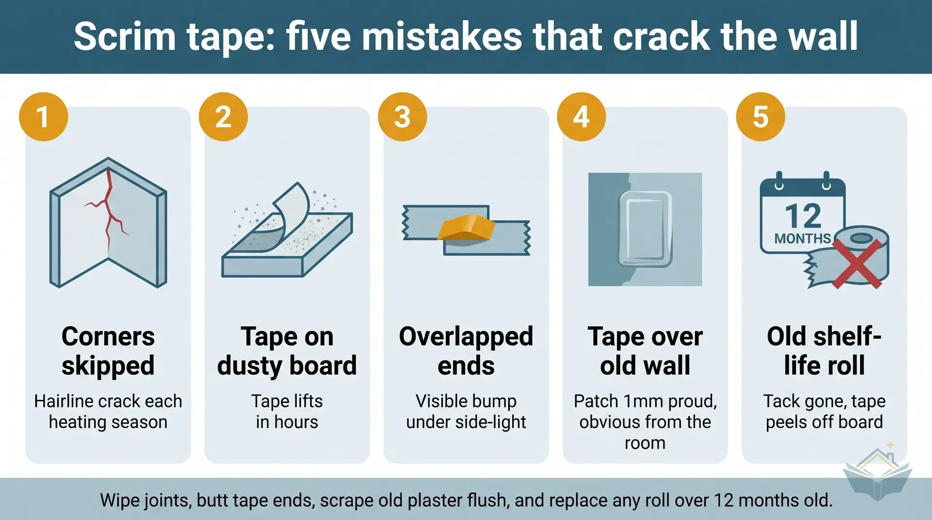 Five-tile infographic dashboard showing the most common scrim tape application mistakes. Tiles cover: corners skipped leading to hairline cracks each heating season, tape applied to dusty board causing it to lift in hours, overlapped tape ends leaving a visible bump under side-light, tape applied over an old wall sitting 1mm proud of the surface, and using an old shelf-life roll where the tack is gone and the tape peels off the board.