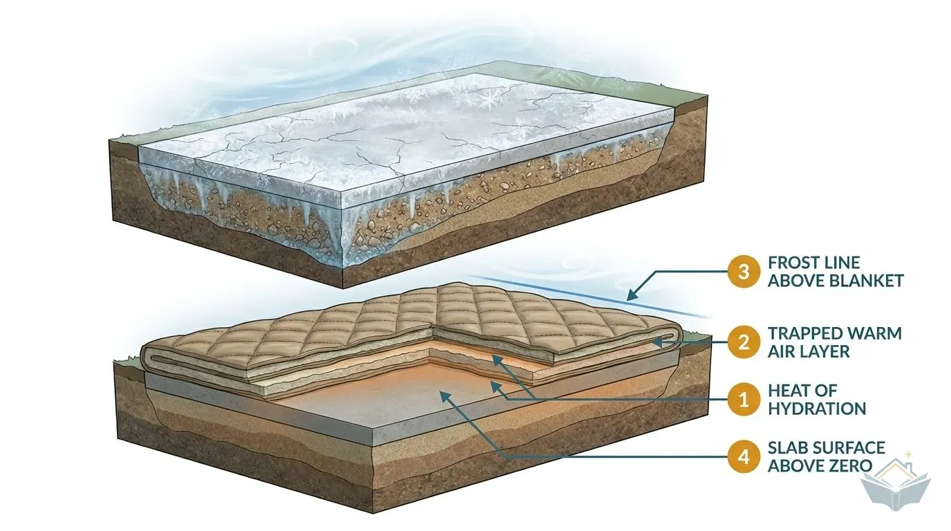 Cross-section diagram of a fresh concrete slab on a frosty night, comparing an uncovered slab (top, surface freezing, ice crystals and crazing crac...