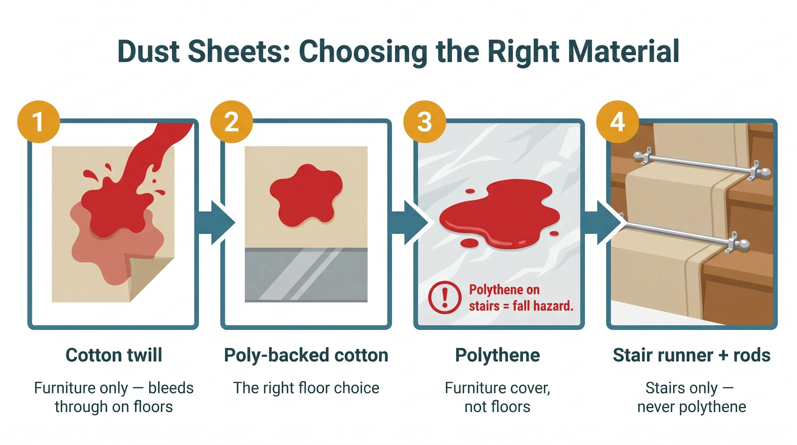 A poly-backed cotton dust sheet laid flat across a carpeted bedroom floor with masking tape sealing the edge against the skirting board, a stepladder and paint kettle resting on top, with a fresh paint can and roller tray visible in the background