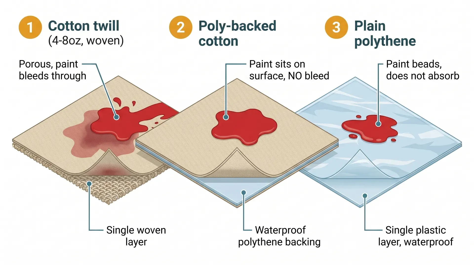 Technical diagram showing three dust sheet material swatches side by side with cross-section detail at the edge of each. Left swatch is plain cotton twill showing a woven beige fabric with a paint splash visible soaking through to the backing. Centre swatch is poly-backed cotton showing the same beige cotton face with a thin polythene laminate backing at the edge fold, with the paint splash sitting on the surface with no bleed-through. Right swatch is plain polythene showing a thin translucent sheet with paint beading on the surface in puddles. Numbered callout labels identify each material type and layer structure.
