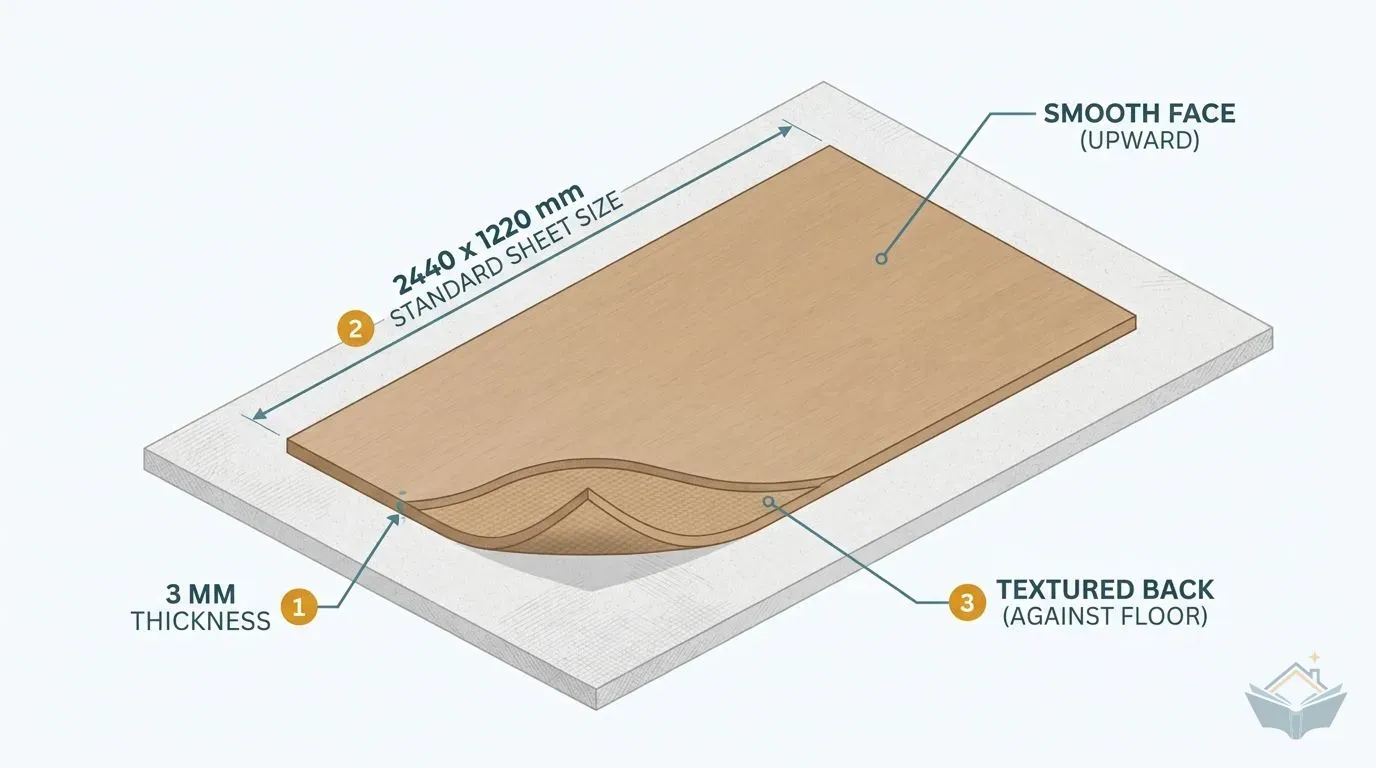 Flat-vector diagram of a single hardboard protection sheet shown in three-quarter view, smooth face uppermost, with callouts identifying the 2440 by 1220mm sheet size, the 3mm thickness at the edge, the smooth face laid upward, and the textured back against the floor