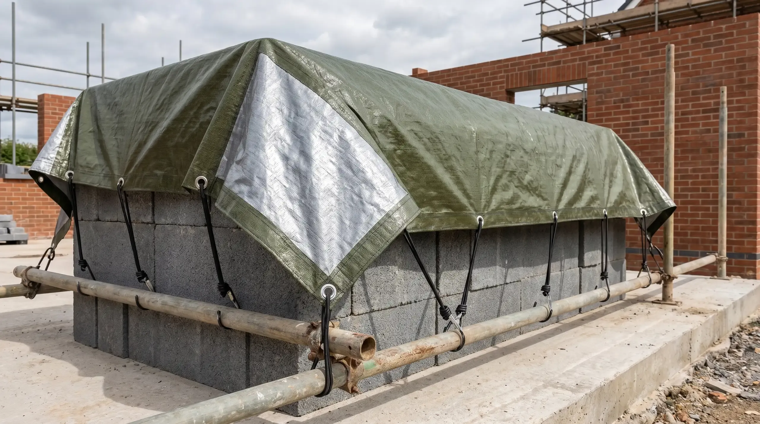 Heavy-duty 270 gsm green woven polyethylene tarpaulin spread over a stack of concrete blocks on a UK construction site, secured at the corners with bungee cords to scaffold tubes, with reinforced eyelets visible at one-metre spacing along the hem