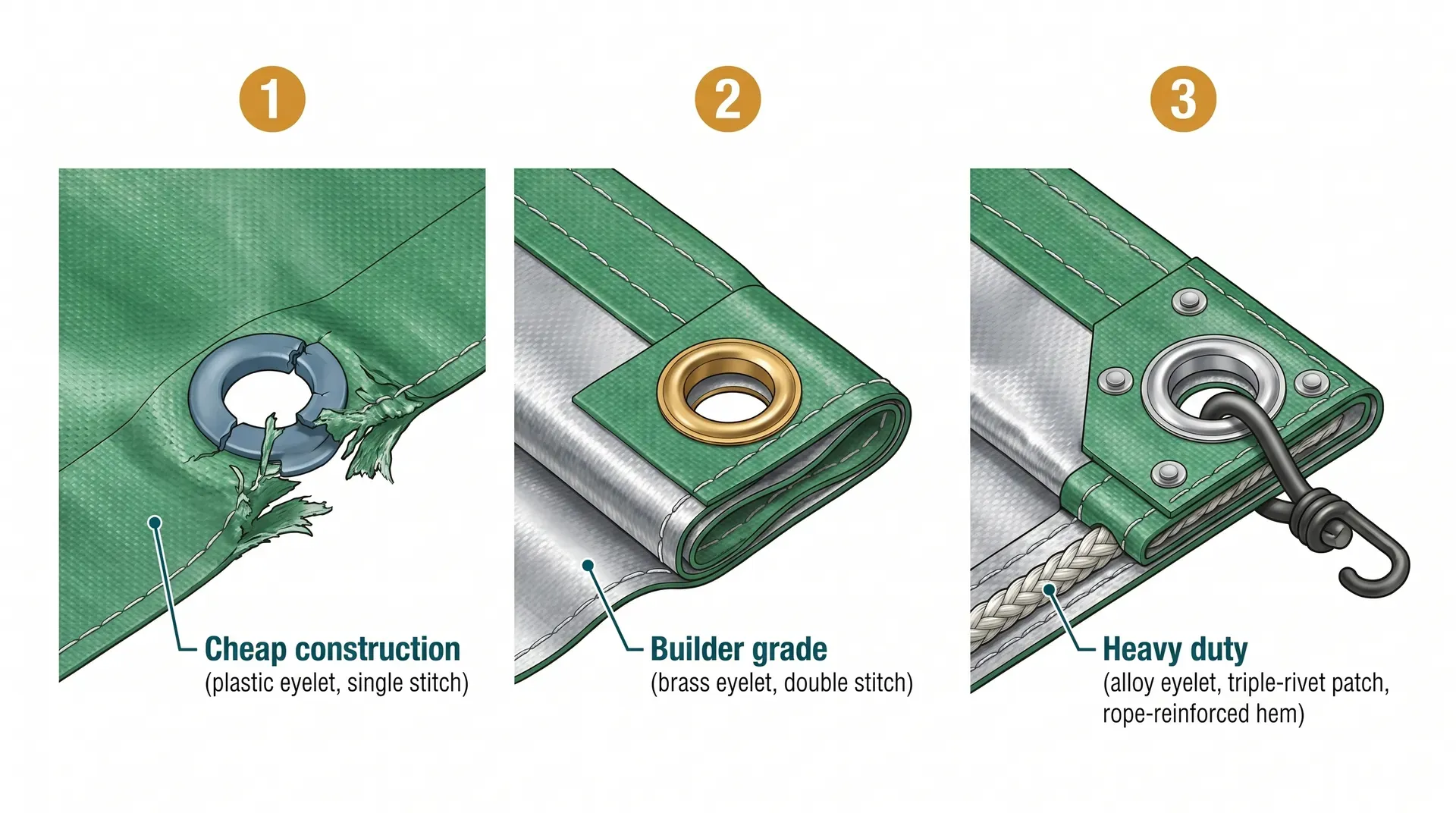 Three side-by-side cross-section diagrams of tarpaulin hem and eyelet construction: cheap construction on the left showing a torn-out plastic eyelet in a single-stitched hem, builder grade in the centre with an intact brass eyelet in a double-stitched hem, and heavy-duty on the right with an alloy eyelet on a triple-rivet reinforcement patch and a PE rope running inside the hem with a bungee cord hooked through.