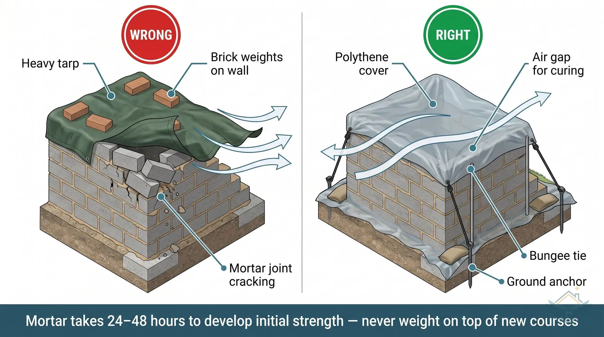 Two side-by-side isometric cutaway diagrams of a freshly laid cavity blockwork wall. The left panel labelled Wrong shows a heavy dark-green tarpaulin draped directly over the top of the wall with loose bricks used as weights, wind arrows lifting the tarp and cracking the fresh mortar joints. The right panel labelled Right shows a lighter polythene sheet draped loosely with an air gap, secured by bungee cords tied to ground anchors and scaffold uprights at ground level beyond the wall faces. A footer banner reads: mortar takes 24 to 48 hours to develop initial strength, never weight on top of new courses.
