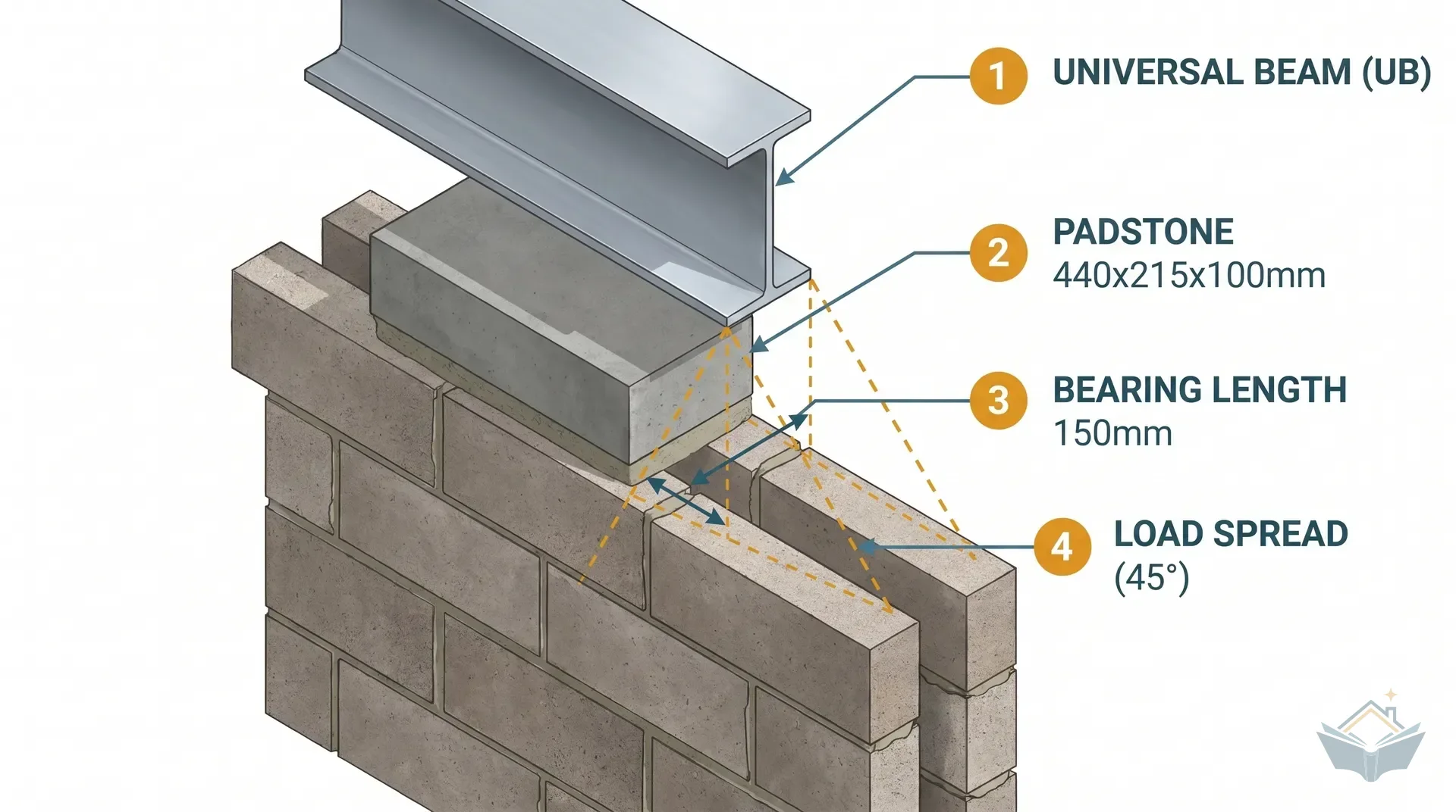 Cross-section diagram showing a universal beam end bearing onto a 440x215x100mm concrete padstone, with 150mm bearing length called out, a full mortar joint beneath the padstone, and three layers of cavity blockwork below. Annotations highlight the load spread cone radiating downwards at 45 degrees from the beam end into the masonry, demonstrating how the padstone distributes the concentrated point load.